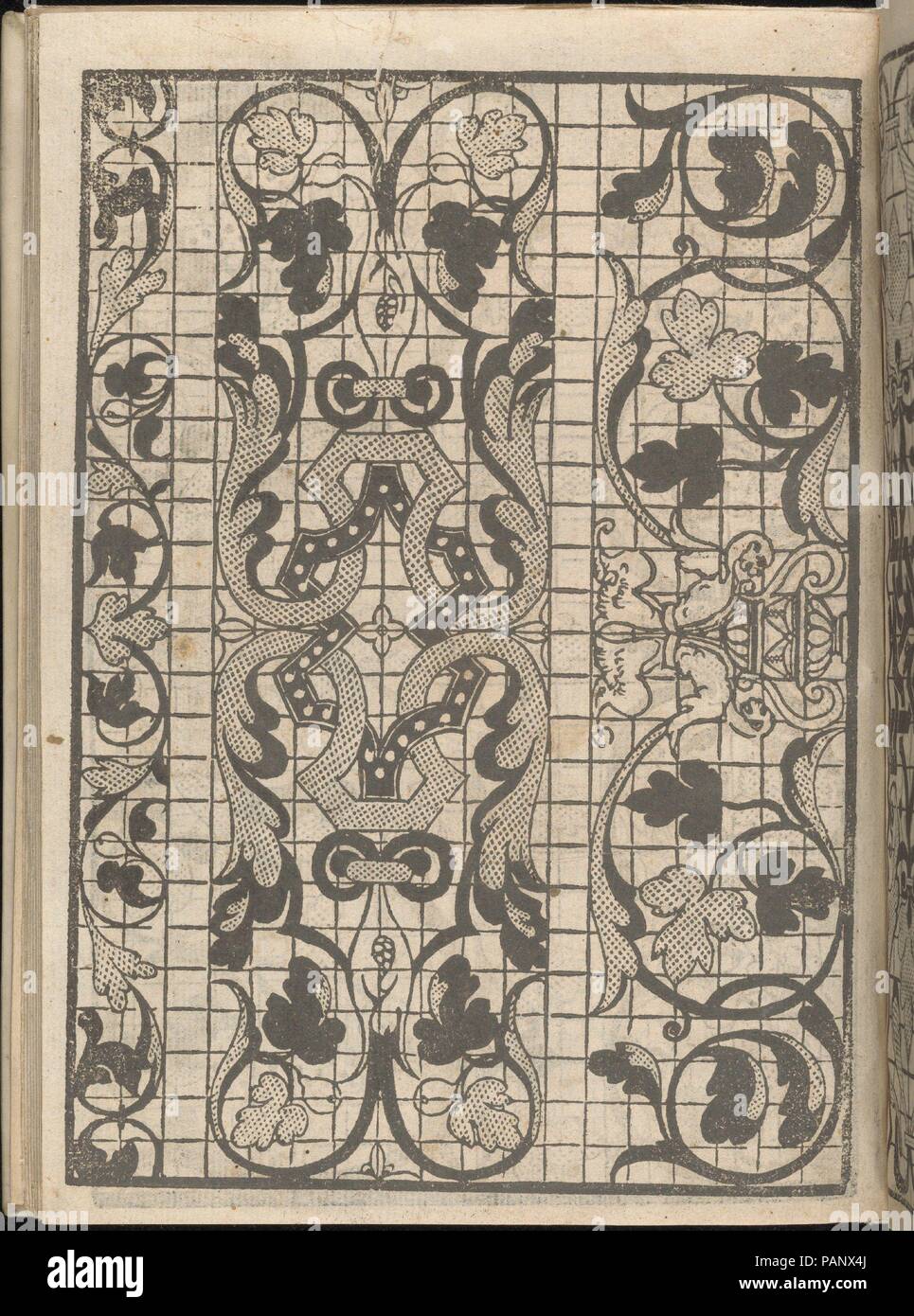 Splendore delle wirbelnden Rondothema fort, Giovani, Seite 14 (verso). Designer: Iseppo Foresto (Italienisch, aktive Venedig, 1557). Maße: Gesamt: 7 1/2 x 5 1/2 in. (19 x 14 cm). Erschienen in: Venedig. Herausgeber: Jeronimo Calepino, Venedig. Datum: 1564. Durch Iseppo Foresto, veröffentlicht von Jeronimo Calepino, Venedig konzipiert. Von oben nach unten und von links nach rechts: Design aus 3 Spalten auf einem Raster gedruckt. Linke Spalte ist mit geschwungener Weinstock der Blätter von einem weißen Gepunkteten 3-seitige Blätter in der Mitte gekennzeichnet. Mittlere Spalte ist mit einem zentralen kurvilineare Form mit Verflechtung leav eingerichtet Stockfoto