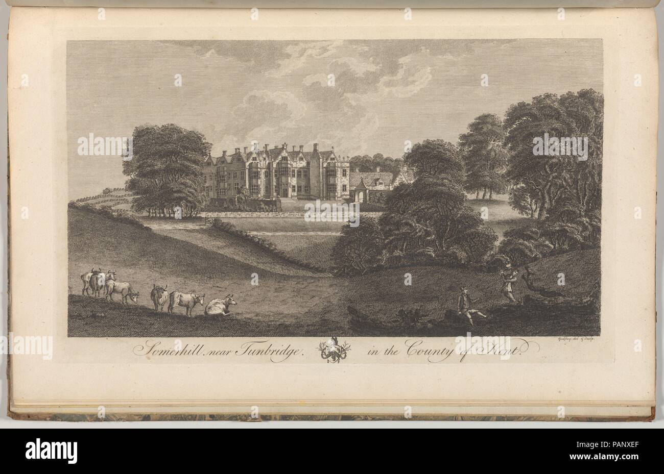 Tunbridge Schloss in der Grafschaft Kent, von Edward eilten, die Geschichte und die topographische Vermessung der Grafschaft Kent, Bde. 1-3. Artist: gezeichnet und von Richard Bernard Godfrey (Briten, wahrscheinlich London geätzt. 1728-1795 Nach). Abmessungen: Buch: 17 5/16 × 11 × 13/16-in. (44 × 28 × 2 cm) Blatt: 16 15/16 x 10 5/8 in. (43×27 cm) Platte: 10 1/16 x 14 in. (25,5 × 35,5 cm). Datum: 1777-90. Platte 27, Vol. II. Tunbridge Schloss, die Eigentum von Thomas Hooker, Esq. Siehe 2014.599.1-.30 für Kommentare. Museum: Metropolitan Museum of Art, New York, USA. Stockfoto