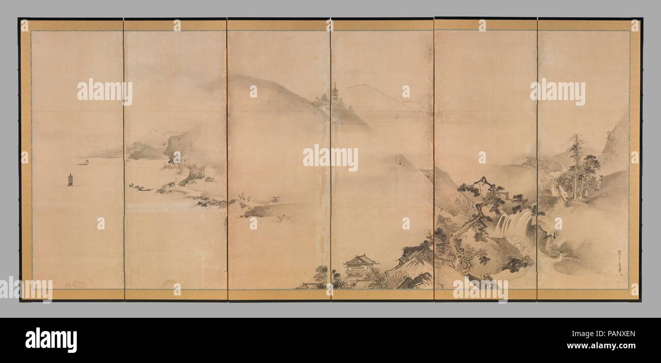 Landschaften der Vier Jahreszeiten. Artist: Kano Tan'yu (Japanisch, 1602-1674). Kultur: Japan. Abmessungen: Bild (je): 60 3/8 in. × 11 ft. 6 7/8 in. (153,4 × 352,7 cm). Datum: 1630. Ganz rechts, ein Strom durch die Schneeschmelze gespeist tumbling down kommt aus den Bergen und symbolisiert den Beginn des Frühlings. Diese Vordergrund von Wasserfällen, geknickte Bäume und Dächer gibt plötzlich weg zu einer Ausdehnung des leeres Papier - eine diagonale Schwade von Nebel, dass Teile fernen Sommer Berge zu offenbaren. Ein Schwarm Gänse und Der große Mond sind die einzigen Hinweise auf Herbst Im linken Bildschirm (nicht ausgestellt), die dominieren Stockfoto