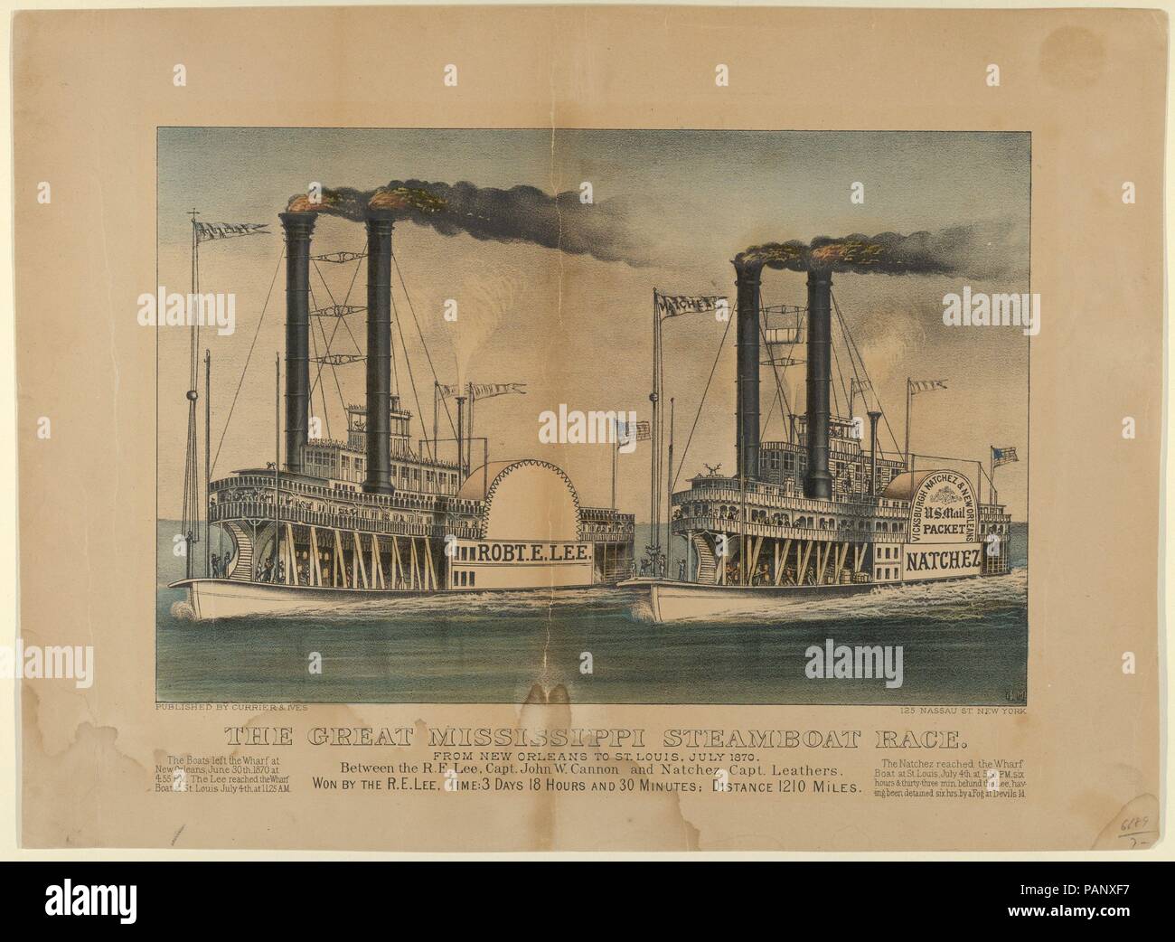 Die große Mississippi Steamboat Race-From New Orleans nach St. Louis, Juli 1870 - Zwischen dem R.E. Lee, Captain John W. Cannon und Natchez Kapitän Leathers-Won durch die R.E. Lee, Zeit: 3 Tage 18 Stunden und 30 Minuten; die Entfernung 1210 Kilometer. Abmessungen: Bild: 8 1/4 x 12 9/16 in. (20,9 × 31,9 cm) Blatt: 12 1/16 x 16 3/8 in. (30,7 × 41,6 cm). Lithograph: Lithographierte und durch Currier & Ives (American, Aktiv, New York, 1857-1907) veröffentlicht. Datum: 1872-74. Zwei Riverboats, Robert E. Lee links und Natchez am Recht, Rennen von der rechten Hintergrund der Links im Vordergrund. Museum: Metropolitan Museum der Kunst, Stockfoto