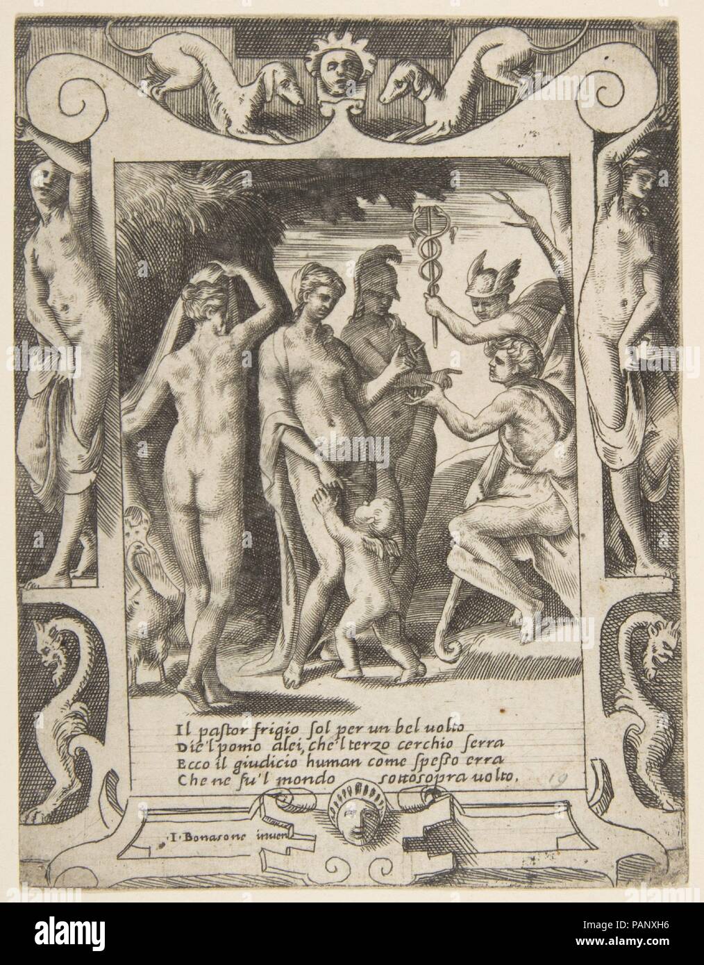 Das Urteil von Paris, mit einer aufwändigen Rahmen eingestellt, von der "liebt, tobt und Eifersüchteleien der Juno". Artist: Giulio Bonasone (Italienisch, Aktiv, Rom und Bologna, 1531 - nach 1576). Maße: Blatt: 5 1/4 x 4 1/16 in. (13,3 x 10,3 cm). Serie/Portfolio: Amori sdegni et gielosie di Giunone (liebt, tobt und Eifersüchteleien der Juno). Datum: 1531-76. Museum: Metropolitan Museum of Art, New York, USA. Stockfoto