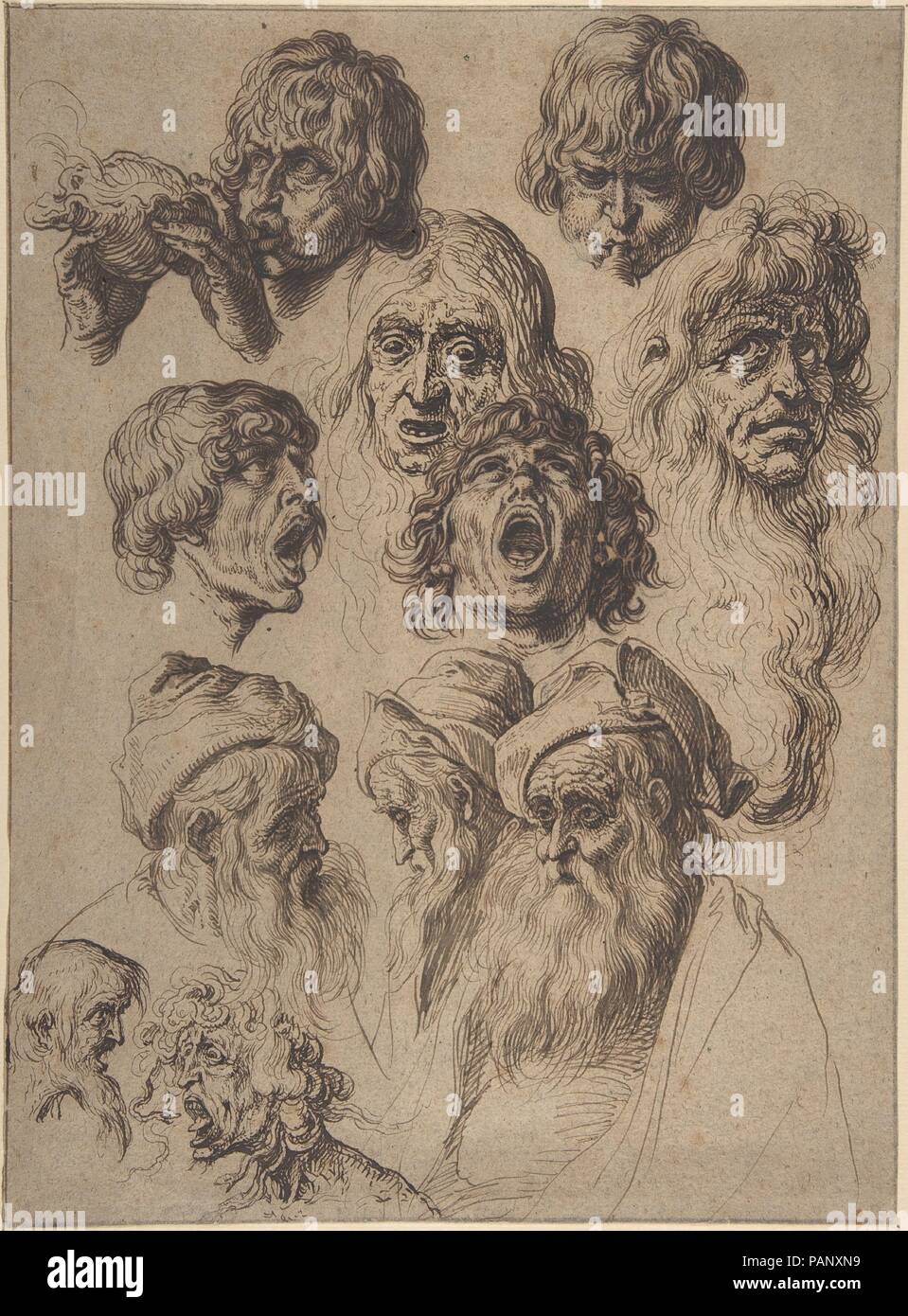 Studie von elf Köpfen. Artist: Jacques de Gheyn II (Niederländischen, Antwerpen 1565-1629 Den Haag). Maße: Blatt: 12 1/2 x 9 3/16 in. (31,8 x 23,3 cm). Datum: Ende des 16. Anfang des 17. Jahrhunderts. Diese Zeichnung wird von einer Gruppe von Studien als ein Repertoire von Zahlen für Praxis und Referenz gedacht. Es ist eine der bedeutendsten und am meisten intakt mehrerer solcher Blätter aus de Gheyn, die vor allem als Grafiker und Zeichner gearbeitet und wurde von Hendrick Goltzius ausgebildet. Die Zeichnung verbindet Bilder vom Leben (der junge Mann aus mehreren Blickwinkeln betrachtet, weht eine Muschel) mit denen Vorräte Stockfoto