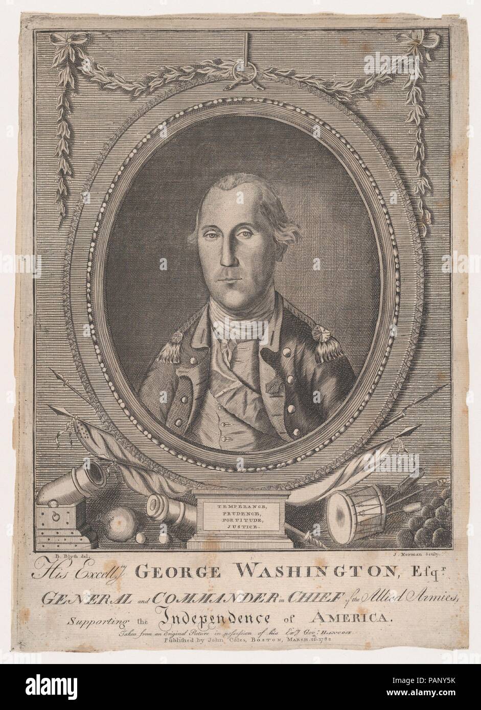 Seine Exzellenz George Washington, Esq-r., General und Oberbefehlshaber der alliierten Armeen, die Unterstützung der Unabhängigkeit von Amerika. Artist: Nach Charles Willson Peale (Amerikanische, Chester, Maryland 1741-1827 Philadelphia, Pennsylvania); Nach einem Pastell von Benjamin Blyth (American, Salem, Massachusetts 1746-1811 Zanesville, Ohio). Abmessungen: Platte: 13 3/4 x 9 5/8 in. (35 × 24,5 cm) Blatt: 14 in. × 10 1/16-in. (35,5 × 25,5 cm). Engraver: John Norman (American, Born in England Ca. 1748-1817 Boston). Herausgeber: John Coles, Sr. (Amerikanische, Ca. 1749-1809). Sitter: George Washington (American, 1732-17 Stockfoto