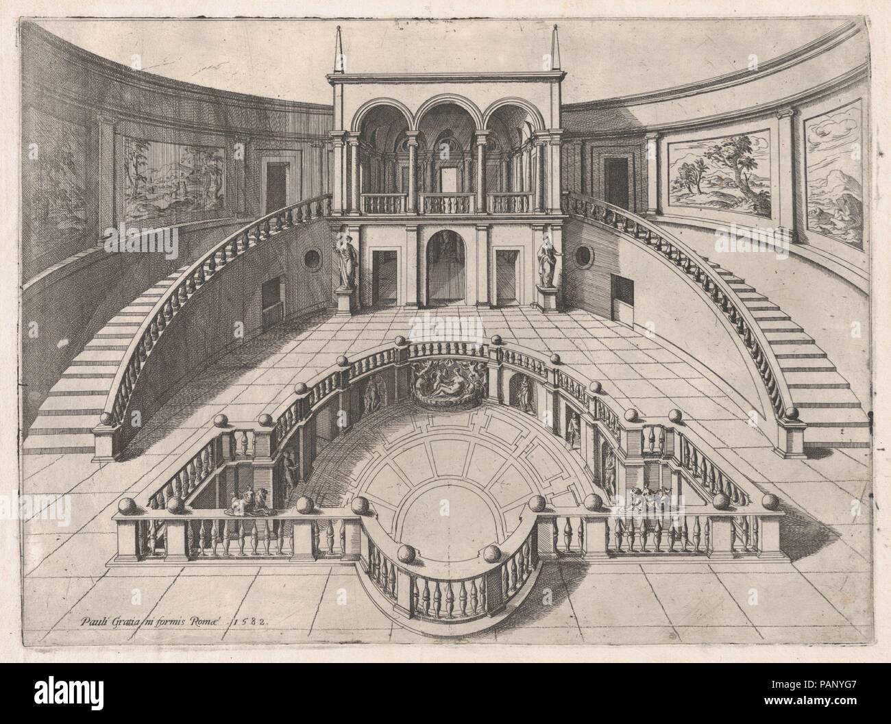 Speculum romanae Magnificentiae: Die große Halle im Palazzo Farnese. Artist: Anonym. Maße: Blatt: 14 x 17 15/16 in. (35,6 x 45,5 cm) Platte: 12 x 16 cm. (30,5 x 41 cm): 16 13/16 x 22 1/16-in. (42,7 x 56 cm). Herausgeber: Paolo Graziani (Italienisch, aktive Rom, 1577-84). Serie/Portfolio: Speculum romanae Magnificentiae. Datum: Ende des 16. Jahrhunderts. Dieser Ausdruck stammt aus der Kopie für das Museum von Speculum romanae Magnificentiae (Der Spiegel der Römischen Pracht) Das Speculum seinen Ursprung im Verlags- Bemühungen von Antonio Salamanca und Antonio Lafreri gefunden. Während ihres Aufenthalts in Rom Stockfoto