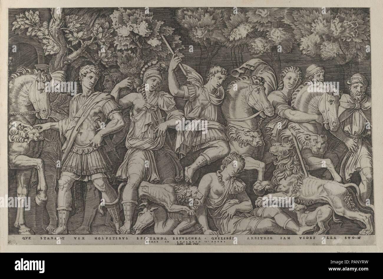 Speculum romanae Magnificentiae: Die Löwenjagd. Artist: Marcantonio Raimondi (Italienisch, Argini (?) Ca. 1480 - vor 1534 Bologna (?)). Maße: Blatt: 10 1/4 x 16 in. (26,1 x 40,6 cm) Berg: 14 15/16 x 16 3/4 in. (37,9 x 42,6 cm). Herausgeber: Antonio Salamanca (Salamanca 1478-1562 Rom). Serie/Portfolio: Speculum romanae Magnificentiae. Datum: Ca. 1500-1534. Dieser Ausdruck stammt aus der Kopie für das Museum von Speculum romanae Magnificentiae (Der Spiegel der Römischen Pracht) Das Speculum seinen Ursprung im Verlags- Bemühungen von Antonio Salamanca und Antonio Lafreri gefunden. Während der Römischen publ Stockfoto