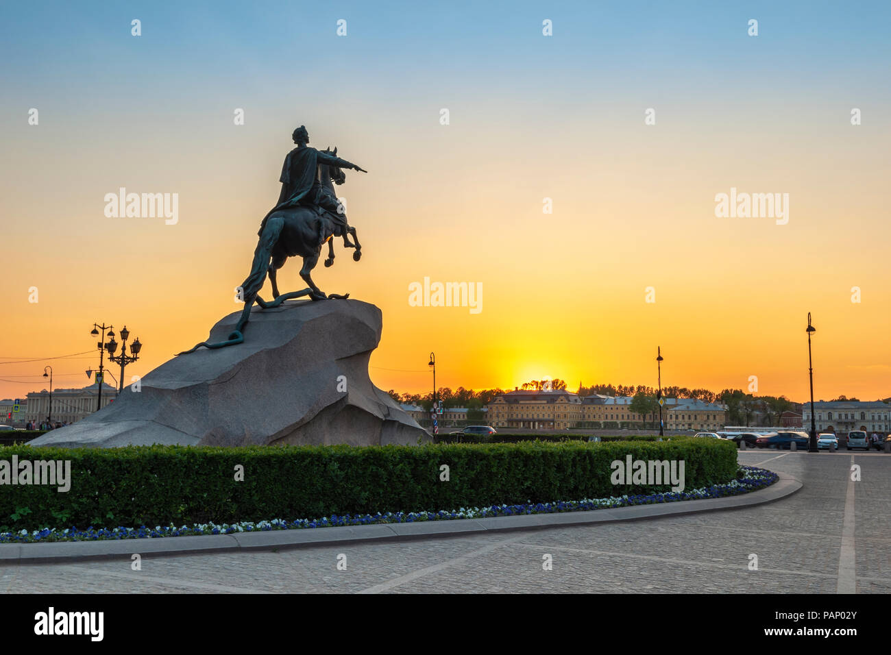 Sankt Petersburg Sonnenuntergang Skyline der Stadt an der Bronzene Reiter Statue, Sankt Petersburg Russland Stockfoto