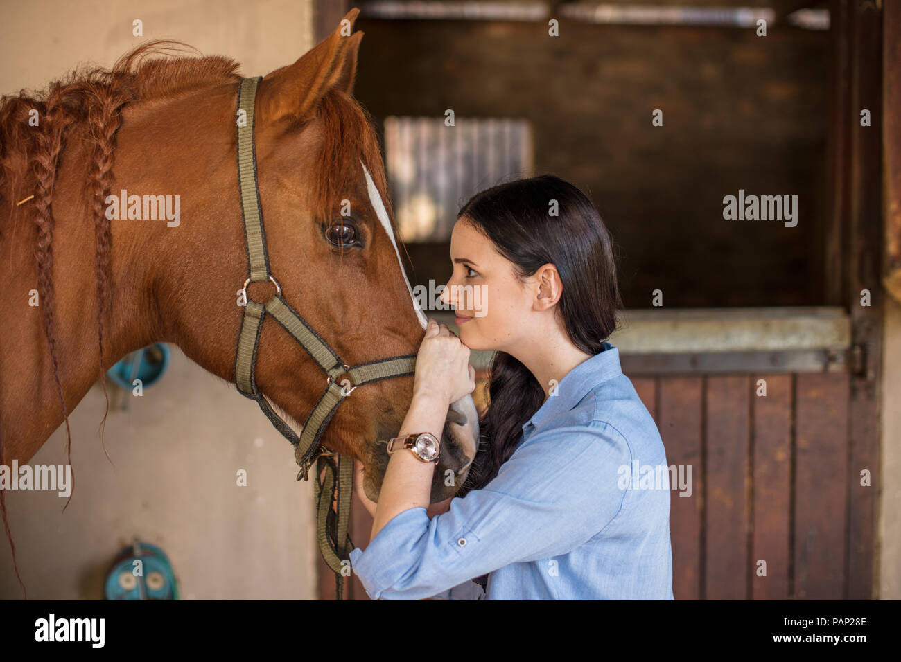 Lächelnde Frau Pflege für ein Pferd auf einem Bauernhof Stockfoto
