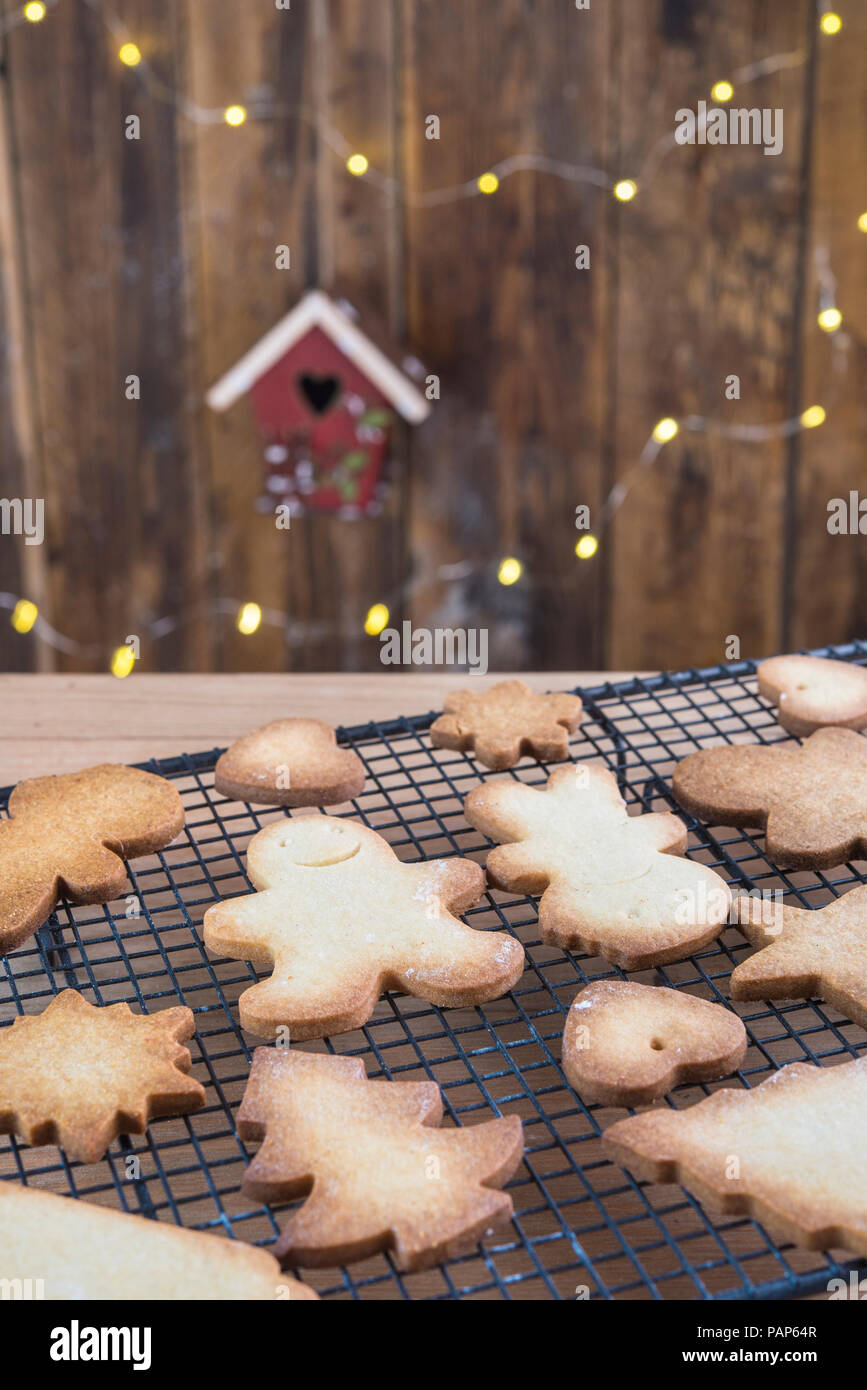 Verschiedene selbstgebackene Lebkuchen Cookies auf Kühlung Raster Stockfoto