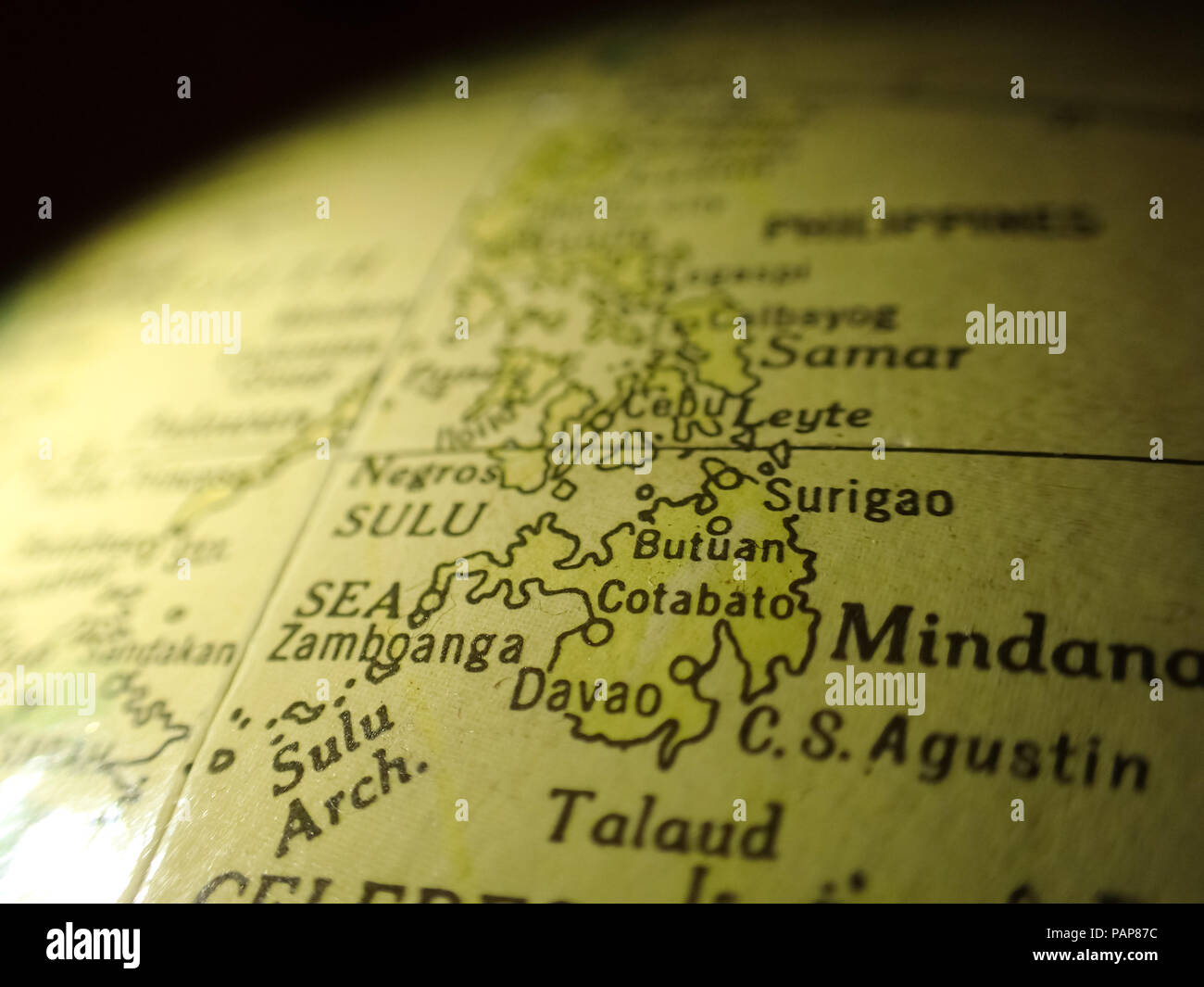 World Globe geographischen Closeup, mit Davao und Mindanao Region der Philippinen Stockfoto
