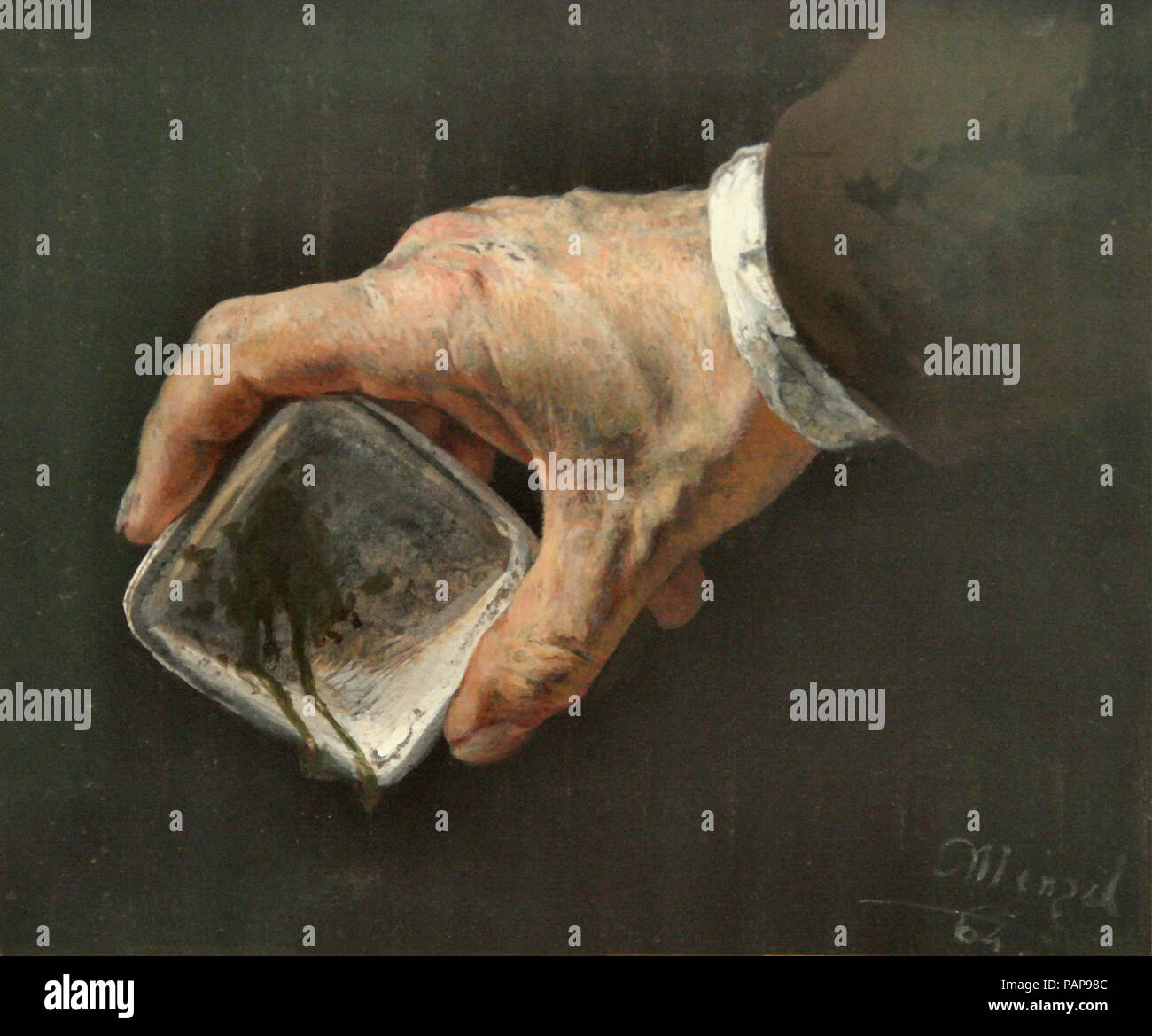 Menzel Adolph von-Hand des Kücnstlers mit Farbnapf Stockfoto