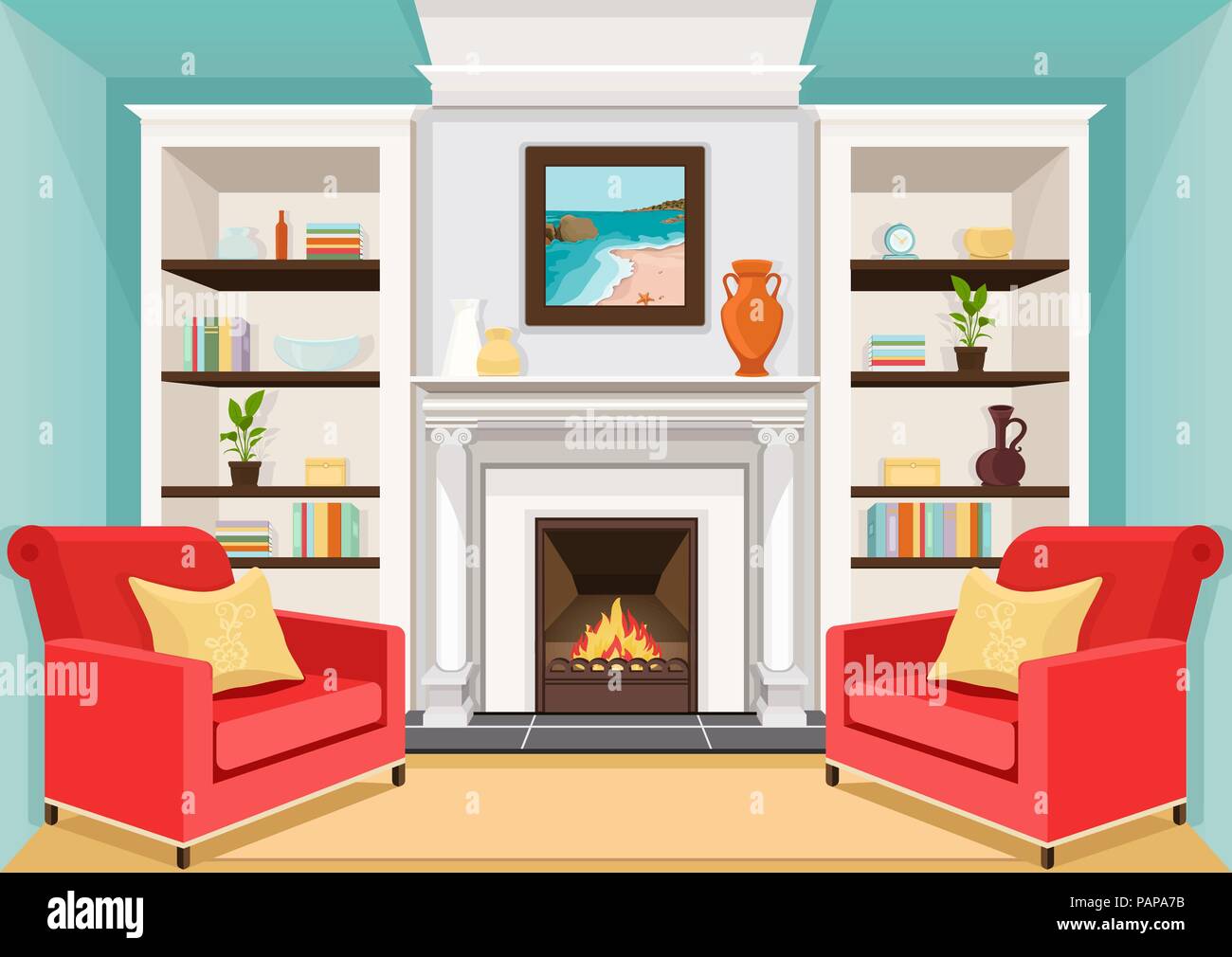 Zimmer mit Kamin, Innenraum, bunte Zeichnung, Vector Illustration. Wohnzimmer mit Holzfeuer, Schränke mit Vasen, Bücher und Topfpflanzen Stock Vektor