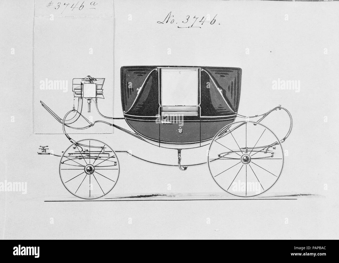 Design für Landau, Nr. 3746. Maße: Blatt: 6 7/8 x 10 1/4 in. (17,5 x 26 cm). Hersteller: Brewster & Co (American, New York). Datum: 1882. Brewster & Unternehmen Geschichte Gegründet 1810 von James Brewster (1788-1866) in New Haven, Connecticut, Brewster&Company, bei der Herstellung von feinen Wagen spezialisiert. Der Gründer eröffnet Showroom in New York 1827 am 53-54 Broad Street, und das Unternehmen unter Generationen der Familie Führung blühte. Expansion erforderte bewegt sich rund um Manhattan, mit Namen Änderungen betreffen, die die Schichten von Management - James Brewster & Söhne bei 25 C betrieben Stockfoto