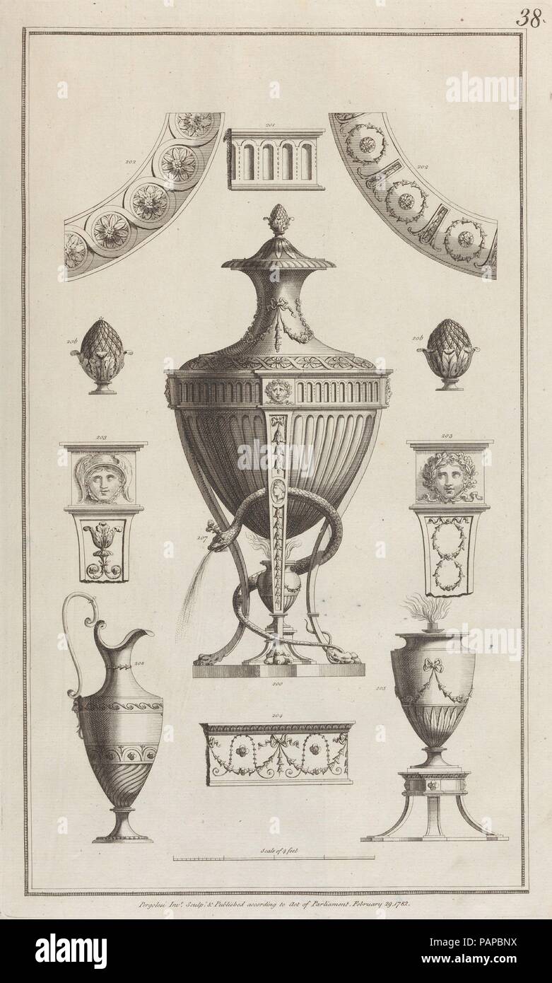 Ornament Design mit Vasen ('Designs für verschiedene Ornamente, 'PL. 38). Artist: Nach Giovanni Battista Cipriani (Italienisch, Florenz 1727-1785 London Hammersmith (aktiv). Künstler und Verleger: Michelangelo Pergolesi (Italienisch, aktiv von 1760 - gestorben 1801). Abmessungen: Platte: 17 13/16 x 10 13/16-in. (45,2 × 27,4 cm). Engraver: Francesco Bartolozzi (Italienisch, Florenz 1728-1815 Lissabon). Datum: Februar 29, 1782. Museum: Metropolitan Museum of Art, New York, USA. Stockfoto