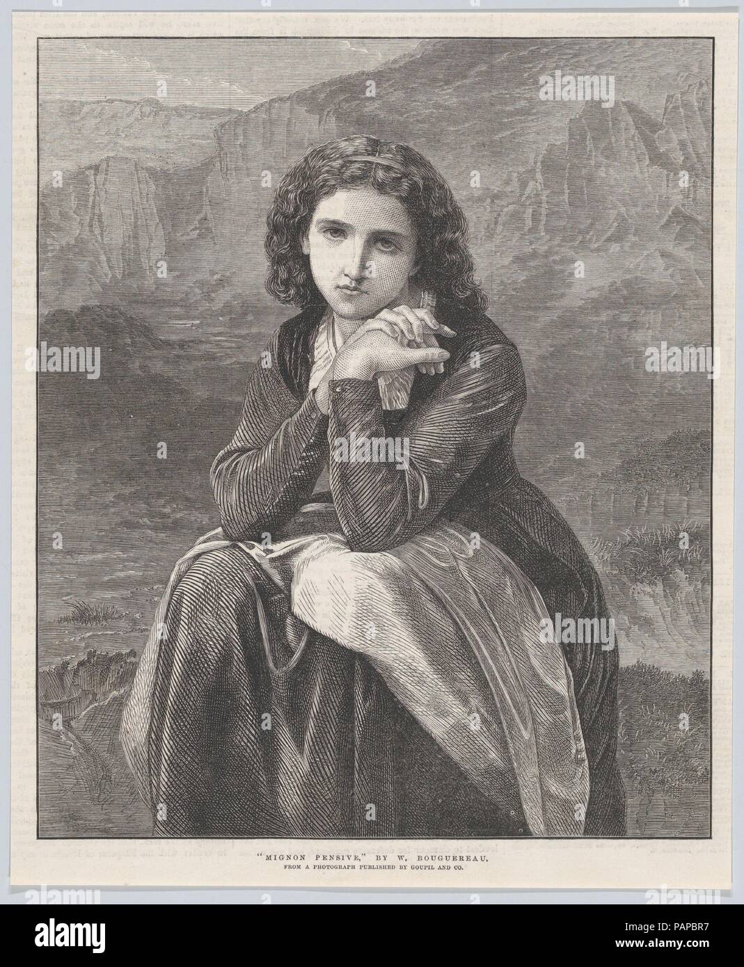 Mignon nachdenklich, von den "Illustrated London News". Artist: Nach William Bouguereau (Französisch, La Rochelle La Rochelle 1825-1905). Maße: Blatt: 10 7/16 x 8 9/16-in. (26,5 × 21,8 cm). Herausgeber: Nach Goupil & Co. Datum: August 17, 1872. 1866, Bouguereau einen Exklusivvertrag mit Goupil & Cie. Sowohl für den Verkauf aller seiner Gemälde und deren Rechte der Vervielfältigung. Dieses drucken und seinen Titel stammt von Goupil das Foto einer Malerei 1869, Mignon, die Hauptfigur schildert aus einer gleichnamigen Oper, basierend auf Goethes Wilhelm Meister. Das Gemälde verkauft ein eigenes c Stockfoto