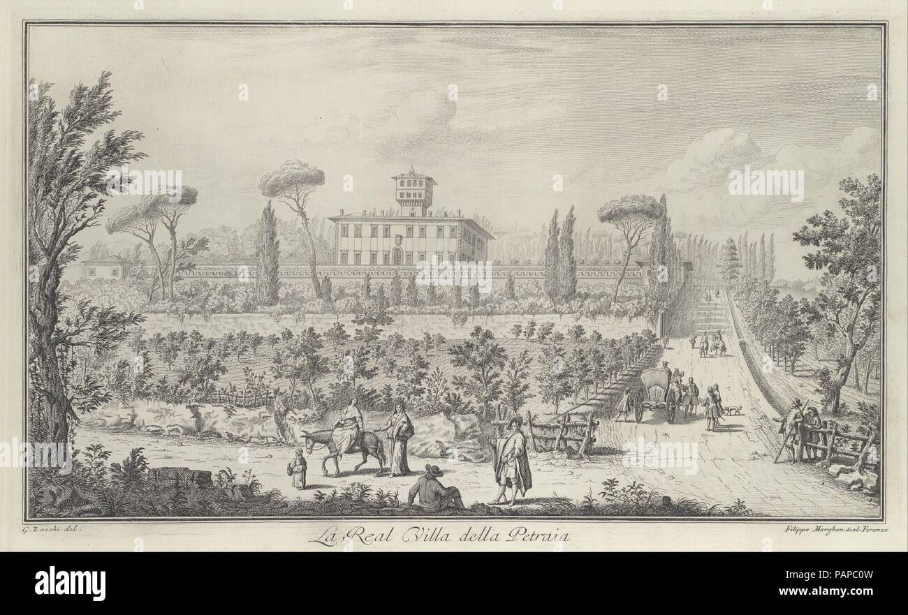 Ansicht der Villa La Petraia, Vedute delle Ville, e d'altri Luoghi della Toscana (Seite 33). Abmessungen: Buch: 13 7/16 × 20 13/16 x 7/8 in. (34,2 × 52,9 × 2,3 cm) Blatt: 13 1/8 x 20 1/4 in. (33,4 x 51,5 cm) Platte: 11 13/16 x 19 1/2 in. (30 × 49,5 cm). Verfasser der Stellungnahme: Nach einer Zeichnung von Giuseppe Zocchi (Italienisch, Florenz 1711-1767 Florenz). Plasmaätzer: Filippo Morghen (Italienisch, Florenz 1730 - nach Neapel 1807). Schirmherr: Im Auftrag von Marchese Andrea Gerini (Italienisch, 1691-1766). Erschienen in: Florenz. Herausgeber: Giuseppe Allegrini (italienisch, 18. Jahrhundert). Datum: 1744. Im Zentrum der toskanischen Villa. Stockfoto