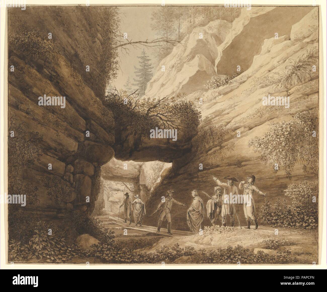 Reisende auf dem Fels Bogen im Kalkgebirge der Elbe. Artist: Johann Moritz Gottfried Jentzsch (Deutsch, Hinterjessen 1759-1826 Dresden). Maße: Blatt: 13 1/4 x 15 15/16 in. (33,7 x 40,5 cm). Datum: 1804. Jentzsch, eine Landschaft Spezialist am Dresdner Hof am Anfang des neunzehnten Jahrhunderts aktiv, dargestellt Touristen, die eine natürliche Attraktion im Tal Uttewalder Felsentor (bekannt als die 'rock Arch'). Eine Reihe von Deutschen Romantischen Künstler skizziert die dramatische Spot, eine enge Passage zwischen zwei hohen Klippen. In diesem Blatt, zwei Herren unterstützen ihre Damen i Stockfoto