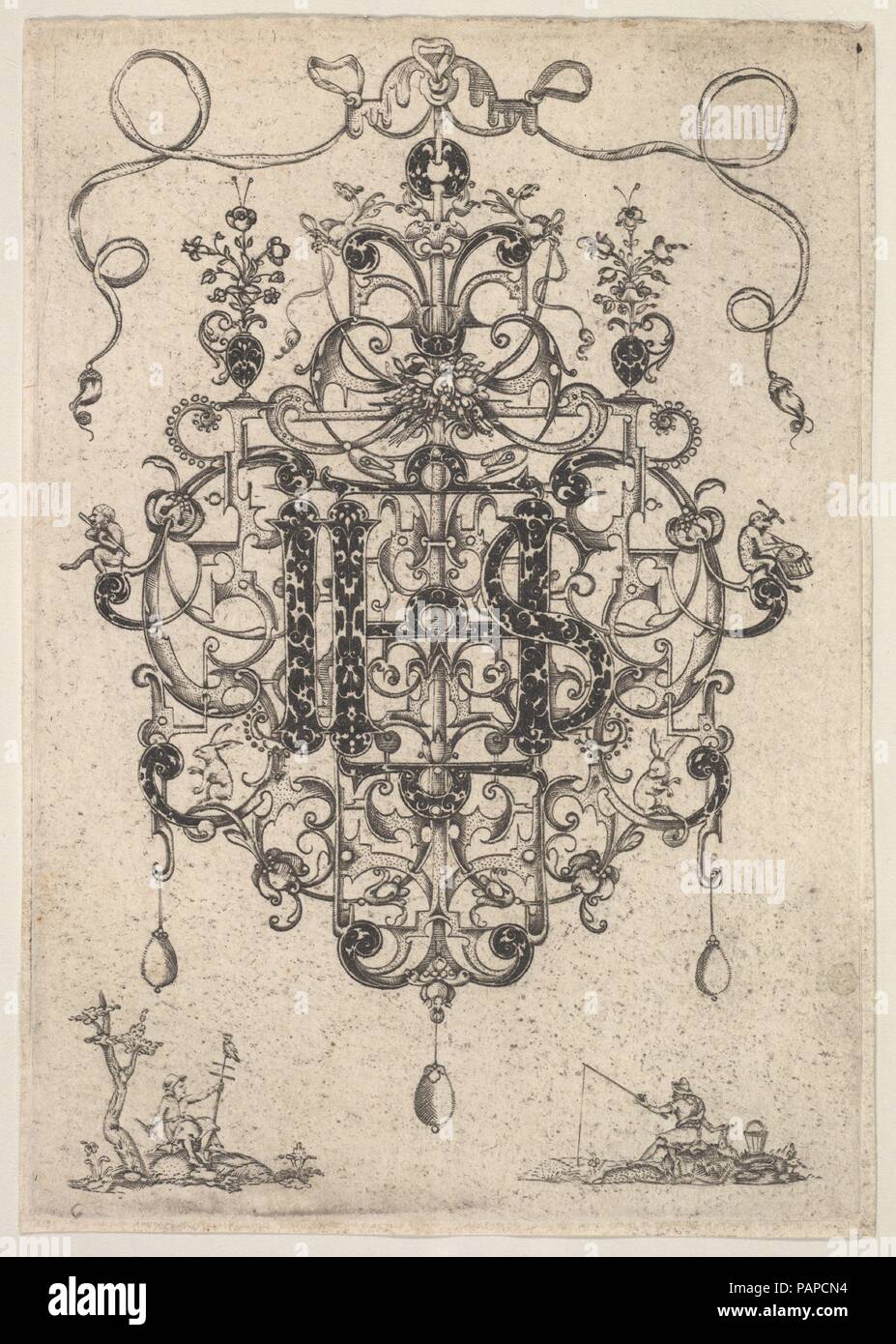 Design für ein Anhänger mit Monogramm IHS. Artist: Master P.R.K (Niederländisch, Ca. 1609-1617). Abmessungen: Platte: 5 1/4 x 3 11/16 in. (13,3 x 9,3 cm) Blatt: 5 3/8 x 3 3/4 in. (13,7 x 9,5 cm). Datum: 1609. Diese filigran Anhänger, entworfen von dem holländischen Goldschmied bekannt als Master P.R.K. wurde Es besteht aus feinen Openwork mit einem ihs Monogramm in der Mitte. Die Tatsache, dass dieser Teil in blackwork ausgeführt wird, zeigt an, dass es bedeutet wurde in Emaille ausgeführt werden. Drei Perlen sind auf der Unterseite der Anhänger befestigt. Der goldschmied auch kleine schrulligen Details zu seinem Design, wie die Affen mit Musica Stockfoto