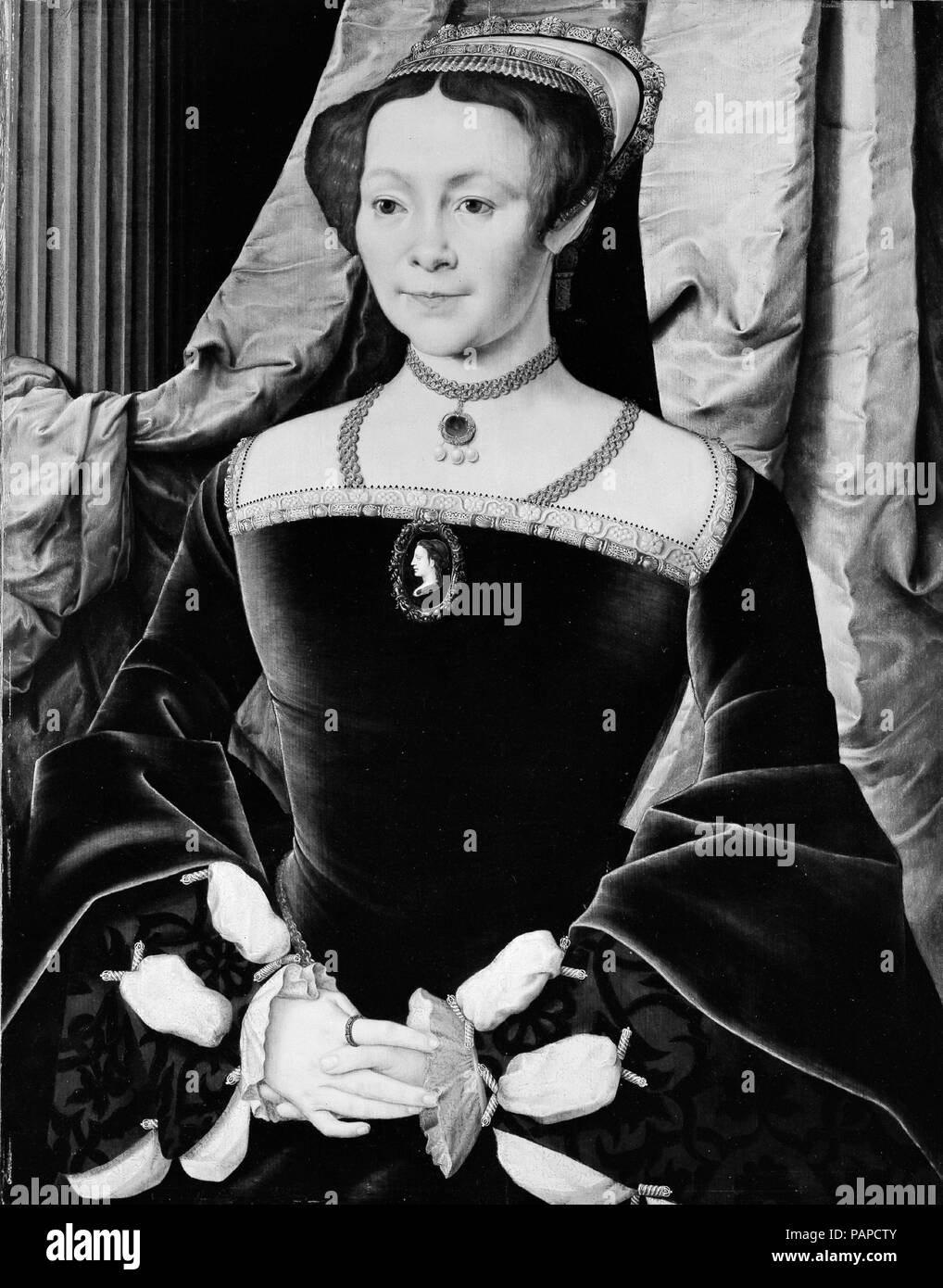 Porträt einer Frau. Artist: niederländischen Maler (Ca. 1540-50). Abmessungen: 29 1/4 x 22 5/8 in. (74,3 x 57,5 cm). Museum: Metropolitan Museum of Art, New York, USA. Stockfoto