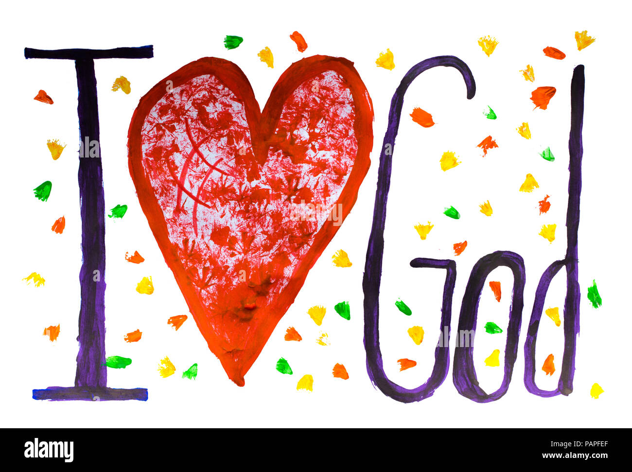 Gott ist die Liebe Konzept Text mit Farben auf Papier gemalt. Stockfoto