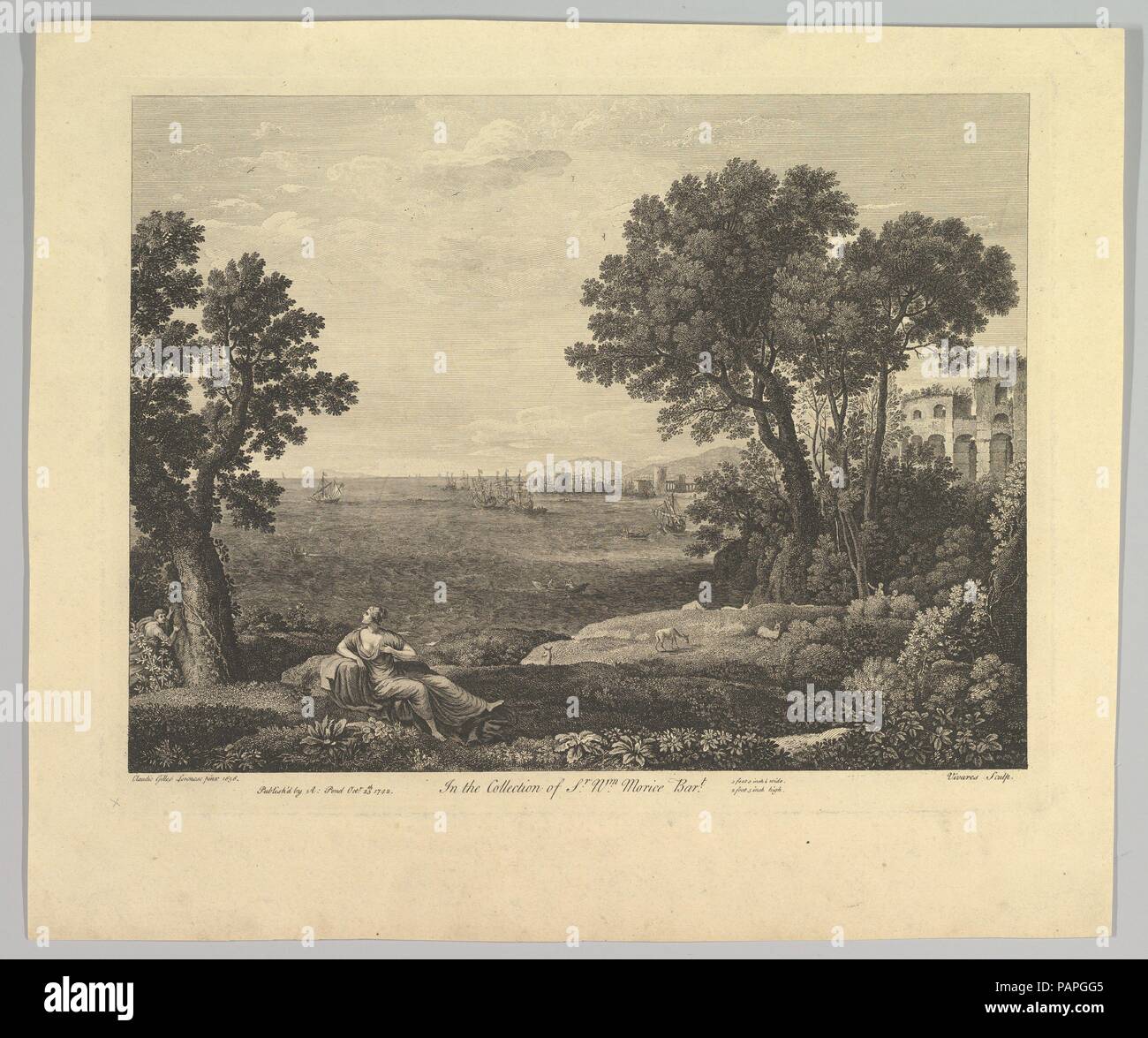 Meereslandschaft mit Bacchus und Ariadne. Künstler: Claude Lorrain (Claude Gellée) (Französisch, Chamagne 1604/5?-1682 Rom); Gestochen von François Vivares (Französisch, Saint-Jean-du-Bruel 1709-1780 London). Abmessungen: Bild: 11 5/16 x 15 1/16-in. (28,8 x 38,3 cm) Platte: 12 5/16 x 15 7/8 in. (31,3 x 40,3 cm) Blatt: 15 1/4 x 18 1/4 in. (38,7 x 46,3 cm). Herausgeber: Arthur Teich (Briten, London 1701-1758 London). Datum: 1742. Museum: Metropolitan Museum of Art, New York, USA. Stockfoto