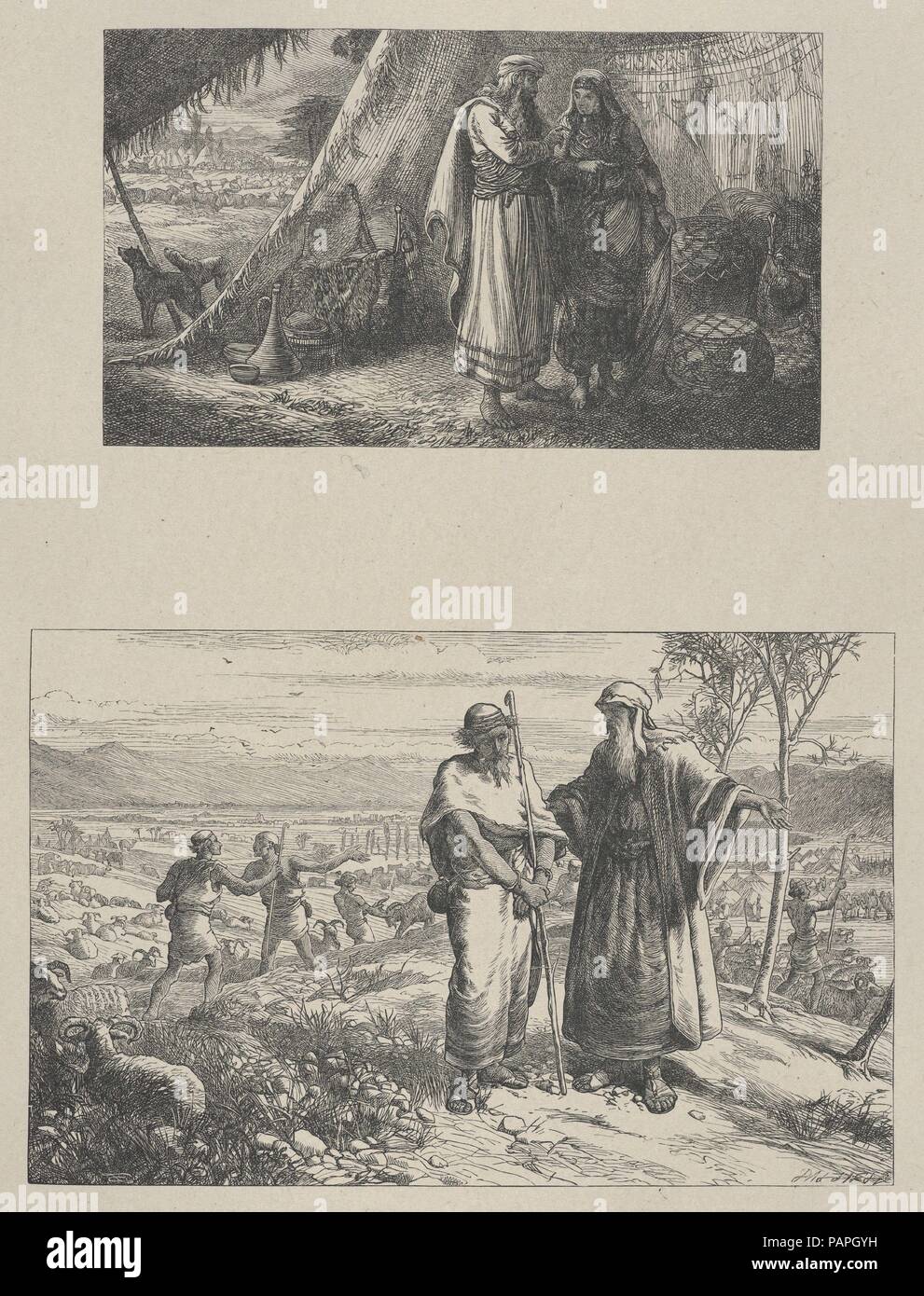 Abram anweisen Sarah-Abram Abschied von Los (Dalziels "Bibel Galerie). Artist: Thomas Dalziel (Briten, Altdorf, Northumberland 1823-1906 Herne Bay, Kent). Abmessungen: Bild: 3 3/8 x 5 7/8 in. (8,6 x 15 cm) Bild: 4 9/16 x 7 3/16 in. (11,6 × 18,2 cm) Indien: 11 1/8 x 9 5/16 in. (28,2 × 23,7 cm) Berg: 16 cm. × 12 15/16 in. (41,6 × 32,9 cm). Engraver: Dalziel Brüder (British, 1839-1893) aktiv. Drucker: Camden Drücken Sie (Briten, London). Verlag: Scribner und Welford (New York, NY). Datum: 1865-81. Museum: Metropolitan Museum of Art, New York, USA. Stockfoto