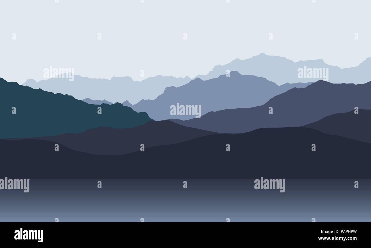 Berglandschaft mit Hügel am Ufer des See oder Meer, unter Morgen oder Abend grauer Himmel-Vektor Stock Vektor