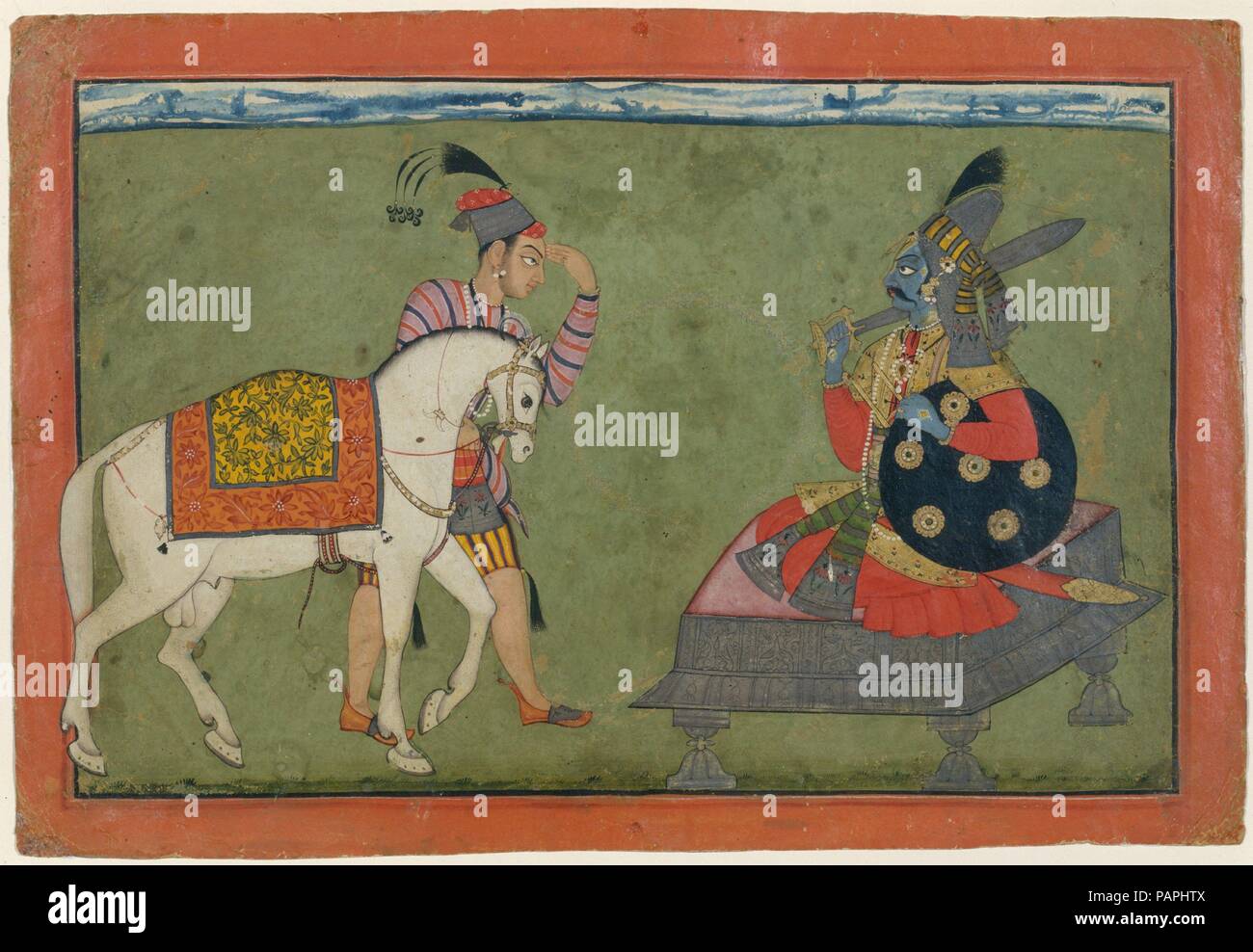 Kalki Avatar, der künftigen Inkarnation von Vishnu. Kultur: Indien (Basohli, Jammu). Abmessungen: Bild: 6 3/4 x 10 1/2 in. (17,1 x 26,7 cm) Insgesamt (Seite): 8 1/16 x 11 15/16 in. (20,5 x 30,3 cm). Datum: Ca. 1700-1710. Einstellung der Avatare Vishnus oft Manuskripte, die Besorgnis einer seiner Inkarnationen, aber diese Seite kann nicht mit einem bekannten Satz verbunden werden, vorausgehen. Kalki ist entweder als ein weißes Pferd oder ein Krieger auf einem weißen Pferd beschrieben. In Gemälden aus dem Punjab Hügel, die er normalerweise angezeigt wird, wie hier, in der Gestalt eines Bräutigams führenden ein weißes Pferd zu einer sitzenden Krieger mit blauer Haut, die Farbe tradi Stockfoto