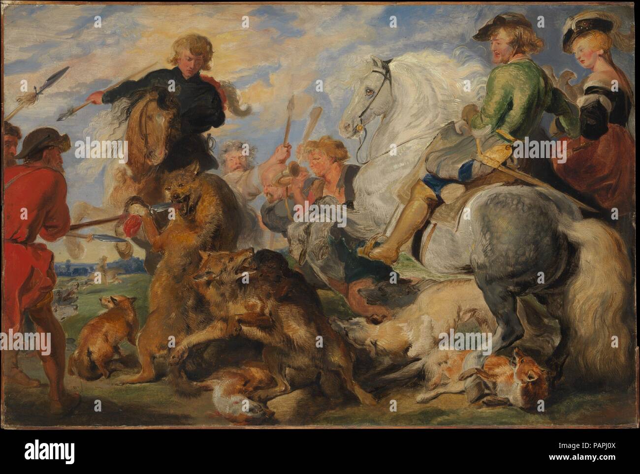 Kopie nach Rubens' Wolf und Fuchs Jagd'. Artist: Sir Edwin Henry Landseer (Briten, London 1802-1873 London). Abmessungen: 16 x 23 cm. (40,6 x 60,6 cm). Datum: Ca. 1824-26. Vorbereitung seiner ersten großen Gemälde, <i>Die Jagd von Chevy Chase</i> (Museen der Stadt und die Art Gallery, Birmingham), die jungen Landseer eine Wallfahrt nach Skizze Rubens <i> Wolf und Fuchs Jagd</i> (Metropolitan Museum), ein Bild, das vor kurzem von Alexander Baring erworben wurden, später Lord Kilmarnock. Nicht nur das Thema, sondern auch der bravura brushwork und Sekt, transparente Lichteffekte offenbaren Landet Stockfoto