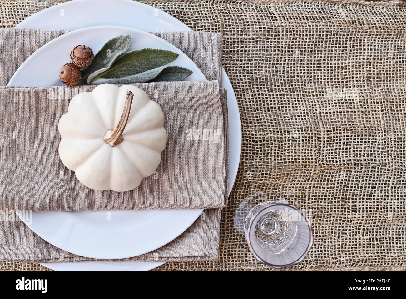 Thanksgiving oder Halloween Ort Einstellung mit mini Weiß Kürbisse, Lambs Ohren Blätter und Eicheln über sackleinen Tabelle Runner. Stockfoto