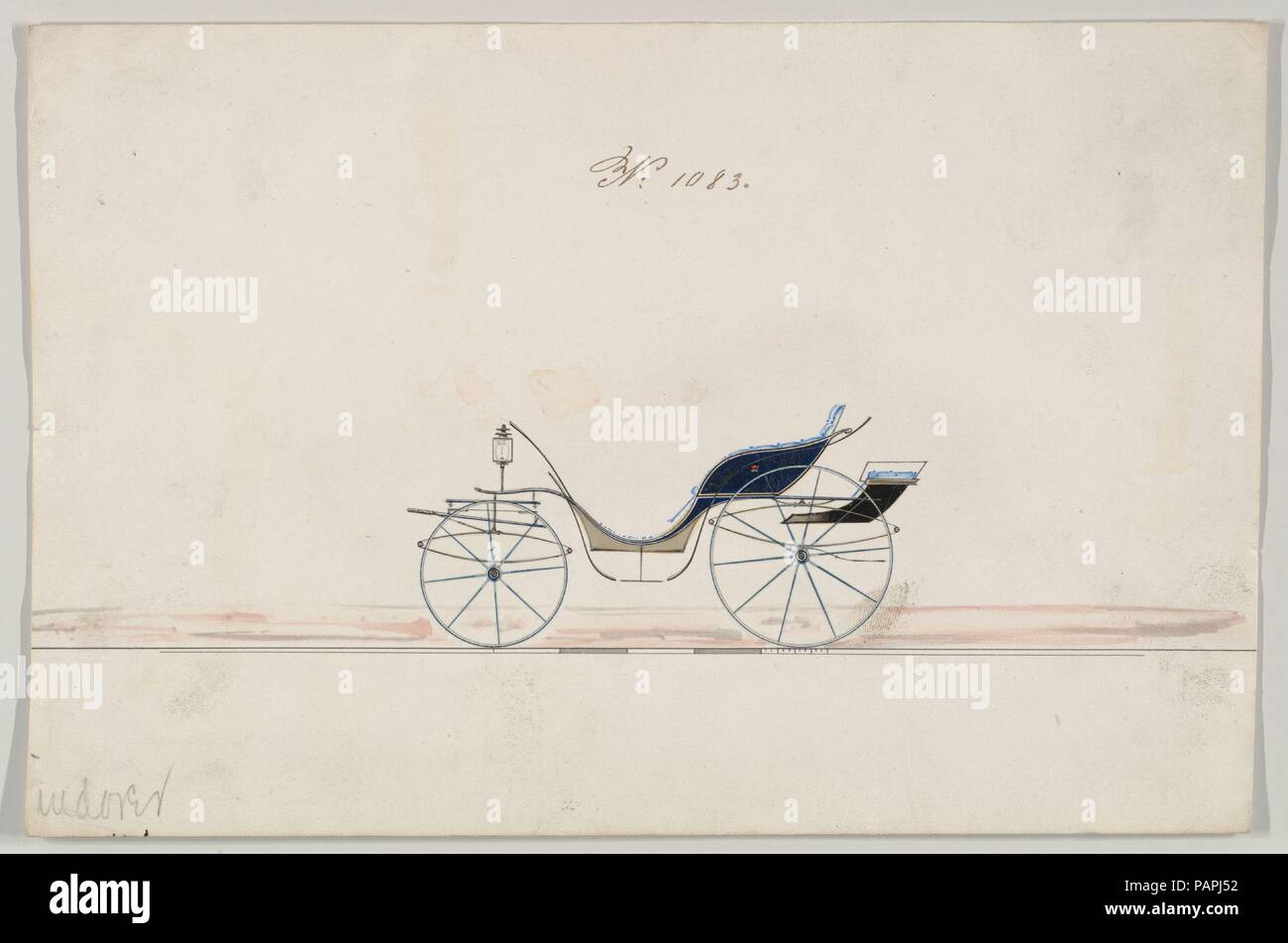 Design für Pony Phaeton, nein. 1083. Maße: Blatt: 6 1/16 x 9 1/8 in. (15,4 x 23,2 cm). Hersteller: Brewster & Co (American, New York). Datum: Ca. 1870. Brewster & Unternehmen Geschichte Gegründet 1810 von James Brewster (1788-1866) in New Haven, Connecticut, Brewster&Company, bei der Herstellung von feinen Wagen spezialisiert. Der Gründer eröffnet Showroom in New York 1827 am 53-54 Broad Street, und das Unternehmen unter Generationen der Familie Führung blühte. Expansion erforderte bewegt sich rund um Manhattan, mit Namen Änderungen betreffen, die die Schichten von Management - James Brewster & Söhne Oper Stockfoto