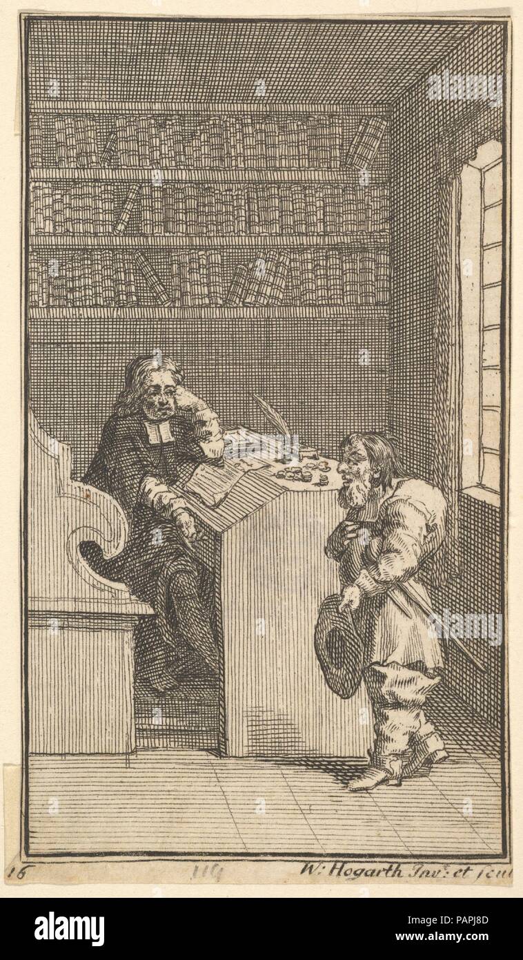 Hudibras und der Anwalt (17 kleine Illustrationen für Samuel Butlers Hudibras, Nr. 16). Künstler: William Hogarth (Briten, London 1697-1764 London). Thema: Veranschaulicht Samuel Butler (Briten, getauft Strensham, Worcestershire, 1613-1680 Covent Garden). Maße: Blatt: 4 3/4 x 2 5/8 in. (12 x 6,7 cm). Datum: 1721-26. Museum: Metropolitan Museum of Art, New York, USA. Stockfoto