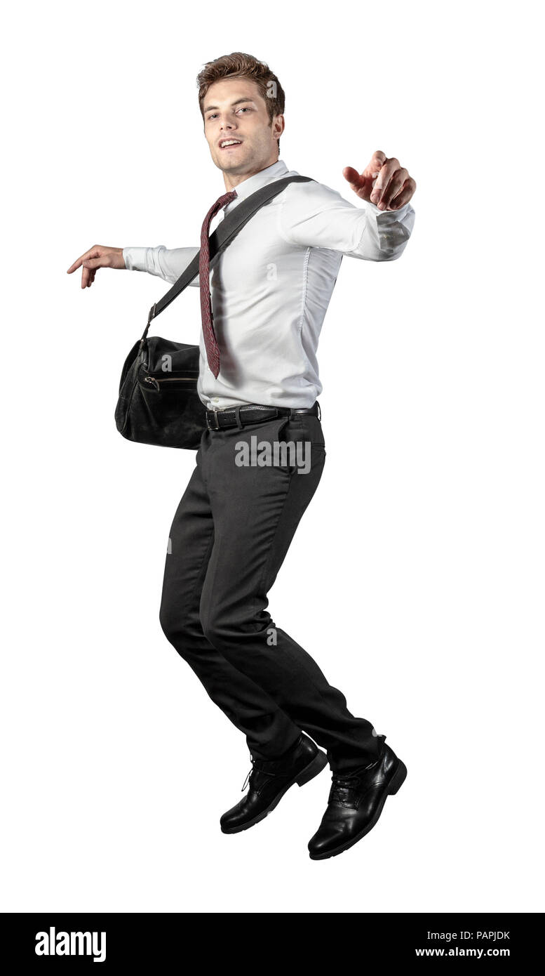 Gerne springen Geschäftsmann auf weißem Hintergrund Stockfoto