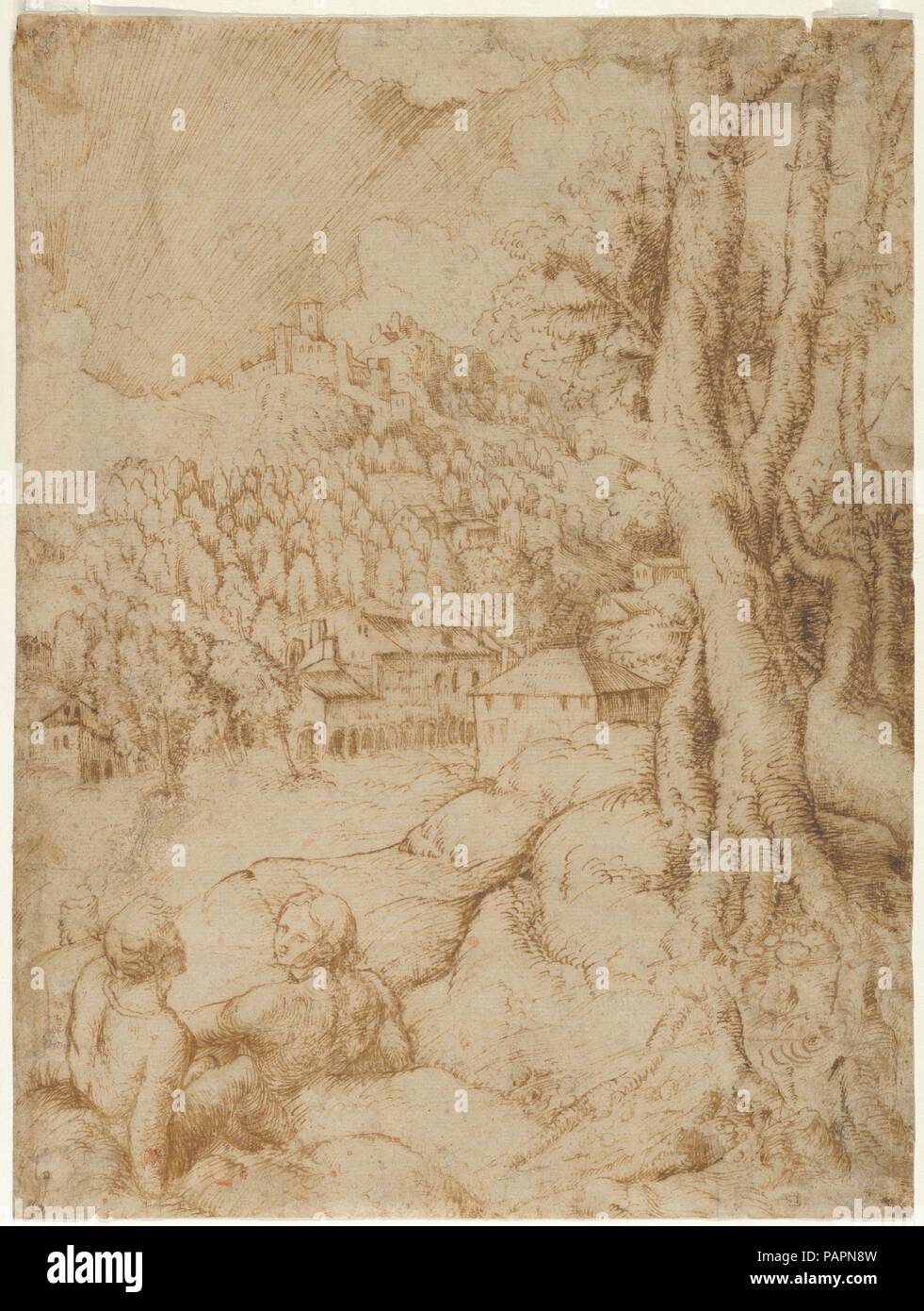 Zwei sitzende Figuren in einer Landschaft mit Bergen und eine Stadt (recto); Skizze einer Landschaft mit Bergen und Gebäuden (verso). Artist: Anonyme, Italienisch, Venetian, aus dem 16. Jahrhundert. Maße: Blatt: 11. X 8 1/4 in. (28×21 cm). Datum: Ca. 1510-15. Museum: Metropolitan Museum of Art, New York, USA. Stockfoto