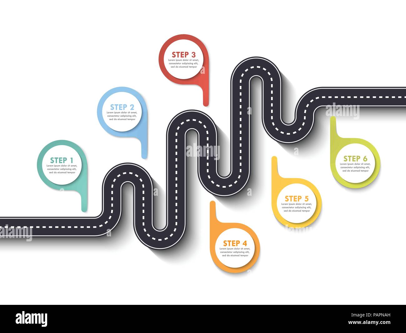 Straße Ort Infografik Vorlage mit Pin Pointer. Kurvenreiche Straße auf einen farbigen Hintergrund. Stilvolle Streamer. Vector EPS 10. Stock Vektor