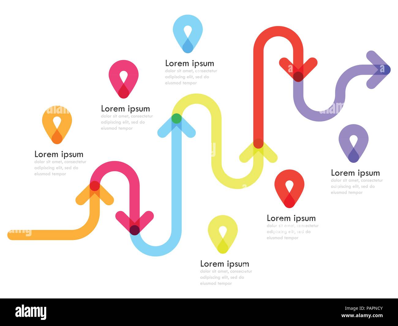 Straße Ort Infografik Vorlage mit Pin Pointer. Kurvenreiche Straße auf einem weißen Hintergrund. Moderne flache Bauform dünne Linie Infografik. Vector EPS 10. Stock Vektor