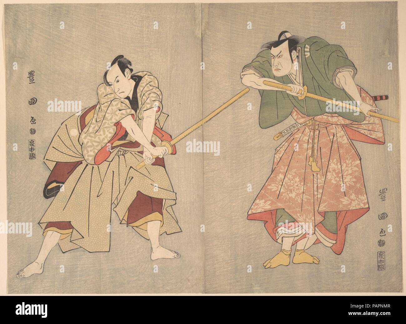 Szene aus einem nicht identifizierten Drama. Artist: Utagawa Toyokuni I (Japanisch, 1769-1825). Kultur: Japan. Abmessungen: Jedes Blatt: 15 x 10 in. (38,1 x 25,4 cm). Datum: Ca. 1800. Museum: Metropolitan Museum of Art, New York, USA. Stockfoto