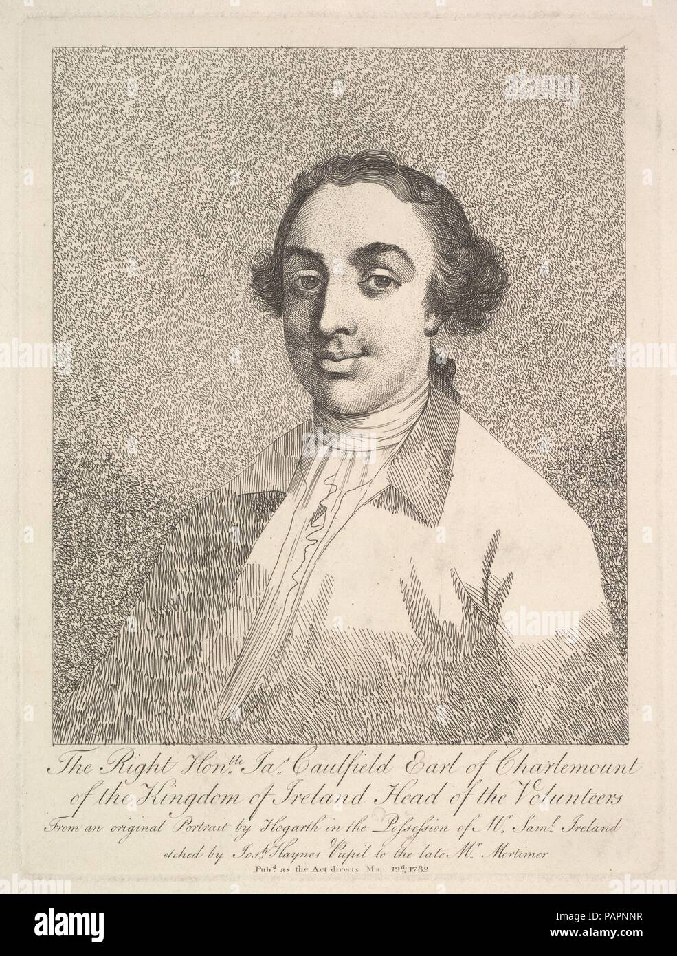 Das Recht auf James Caulfield, Graf von Charlemount des Königreichs Irland, Leiter der Freiwilligen. Artist: Nach William Hogarth (Briten, London 1697-1764 London). Abmessungen: Platte: 9 1/2 x 7 3/16 in. (24,2 x 18,2 cm) Blatt: 10 3/8 x 16 1/8 in. (26,4 x 40,9 cm). Plasmaätzer: Joseph Haynes (British, 1760-1829). Sitter: James Caulfield, 1. Earl von Givet (Irland, Dublin, 1728-1799). Datum: März 19, 1782. Museum: Metropolitan Museum of Art, New York, USA. Stockfoto