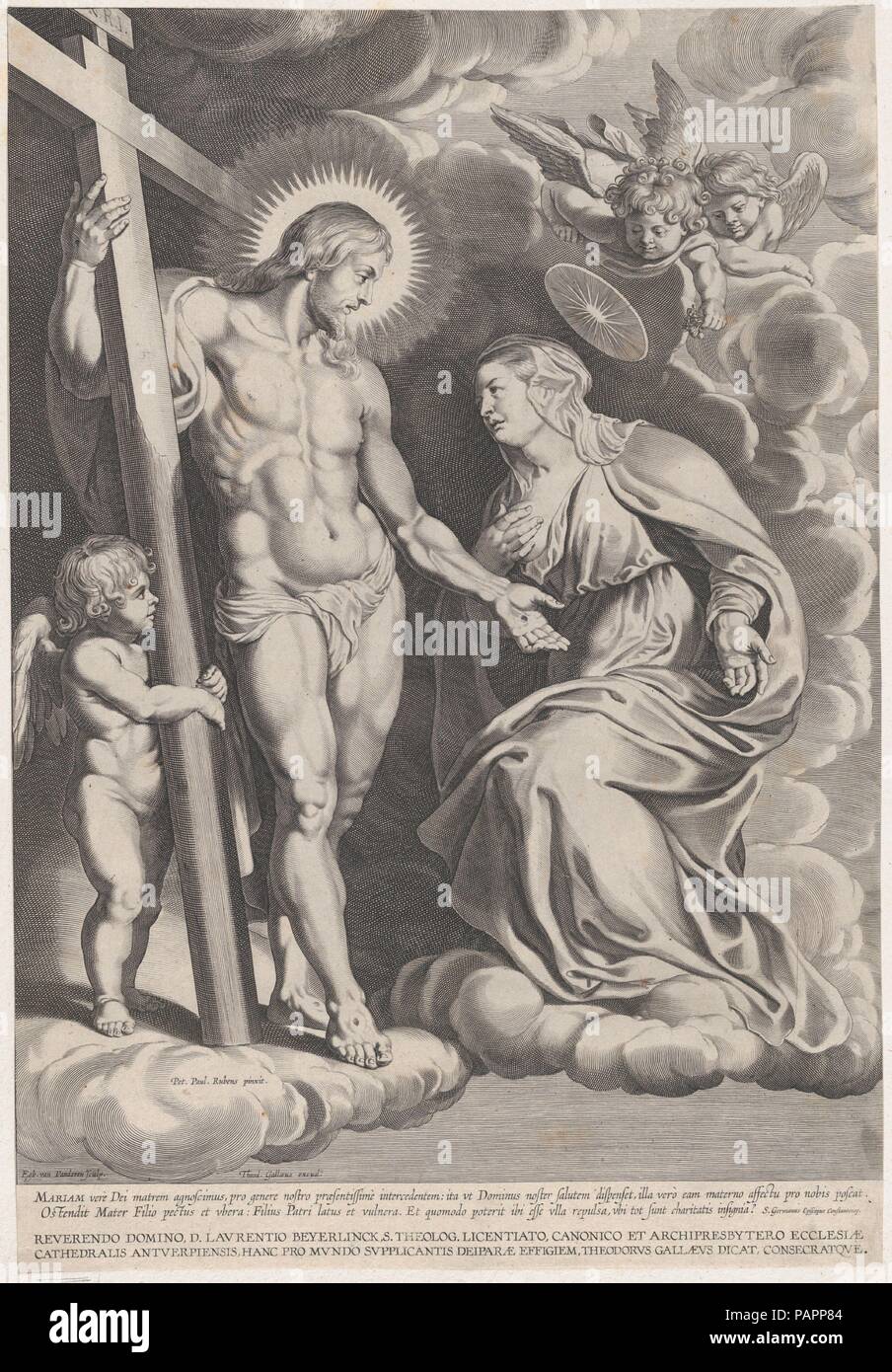 Die Fürsprache der Jungfrau, kniend auf einer Wolke am rechten vor Christus, stehend auf der linken Seite hält das Kreuz. Artist: Nach Peter Paul Rubens (Flämische, Siegen 1577-1640 Antwerpen); Egbert van Panderen (Flämisch, Haarlem 1590-1637 Antwerpen). Abmessungen: Blatt (getrimmte): 17 7/16 × 11 15/16 in. (44,3 × 30,4 cm). Herausgeber: Theodoor Galle (Niederländischen, Antwerpen Antwerpen 1571-1633). Datum: Ca. 1610-37. Museum: Metropolitan Museum of Art, New York, USA. Stockfoto