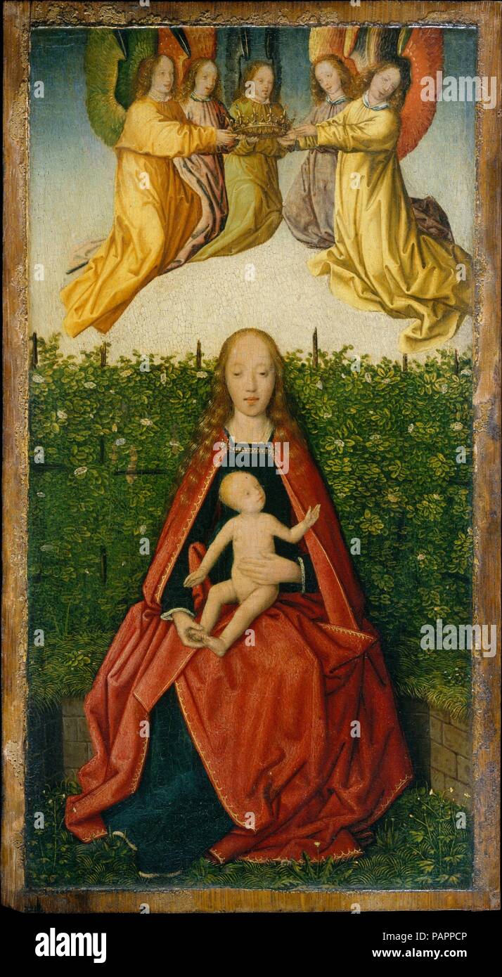 Jungfrau und Kind. Artist: Jan Provost (Niederländischen, Mons (Bergen) Ca. 1465-1529 Brügge). Abmessungen: Insgesamt 12 1/4 x 6 3/4 in. (31,1 x 17,1 cm); Oberfläche lackiert 11 3/4 x 6 1/8 in. (29,8 x 15,6 cm). Datum: Ca. 1495-1500. Die Jungfrau in einem Rosengarten - mit der Abbildung manchmal gekrönt - gezeigt - war einer der beliebtesten höfische Themen der spätgotischen Malerei. Der Stil der Bild spiegelt Provost's Training mit dem Manuskript illuminator Simon Marmion in Valenciennes. Museum: Metropolitan Museum of Art, New York, USA. Stockfoto