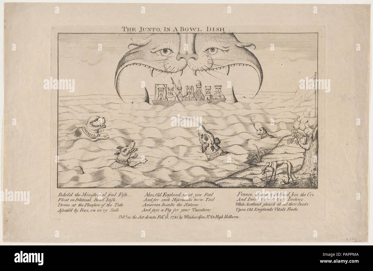 Die Junto in eine Schüssel anrichten. Artist: Anonyme, Briten, 18. Abmessungen: Platte: 8 7/8 x 12 5/8 in. (22,5 x 32 cm): 11 x 16 cm. (27,9 x 42,5 cm). Herausgeber: Veröffentlicht in London von William Richardson (British, 1778-1812) aktiv. Datum: Februar 11, 1781. In dieser Satire, britischen Minister - vermutlich Thurlow, Bute, Loughborough, Sandwich, Norden, Jenkinson und Mansfield - schweben in einer großen Schüssel über von einer Katze aufgepasst - wie Monster. Hunde mit Stellringen beschriftet "Amerika", "Frankreich" und "Schmerz" schwimmen auf Sie zu, während am Ufer im Vordergrund, einen dünnen, Greyhound, Schottland gna Stockfoto
