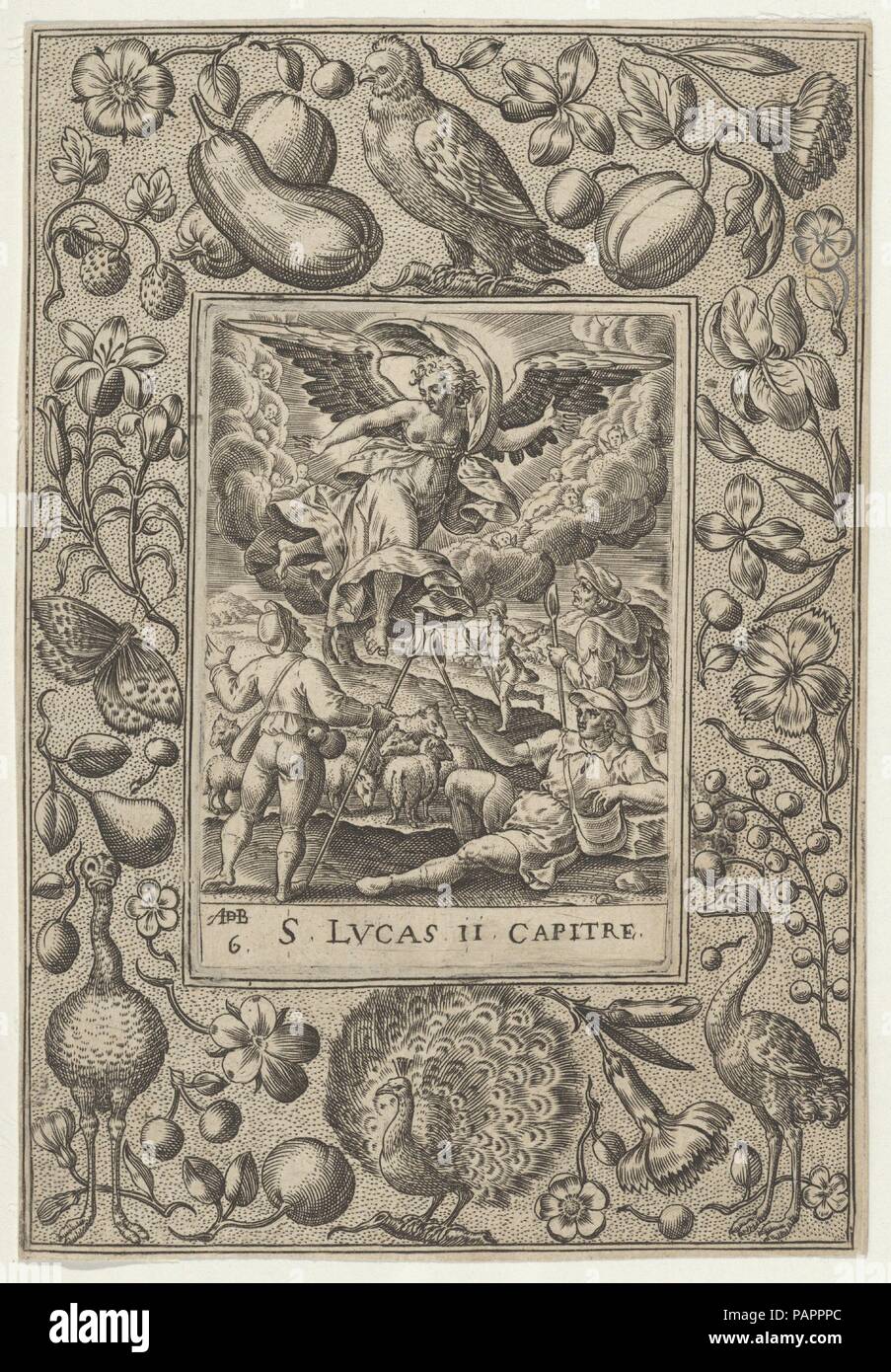 Der Verkündigung an die Hirten. Artist: Abraham de Bruyn (Flandern, Antwerpen 1540-1587 Köln (?)). Maße: Blatt: 4 15/16 x 3 7/16 in. (12,6 × 8,7 cm). Datum: 1580-1600. Szene der Verkündigung an die Hirten. Der Erzengel steigt in der Mitte zu vier Hirten unter, die man auf der rechten Seite liegen. Um diese Szene, ein breiter Rahmen mit einem Pfau unten in der Mitte und einem anderen Vogel oben in der Mitte, zwischen Obst und Gemüse. Museum: Metropolitan Museum of Art, New York, USA. Stockfoto