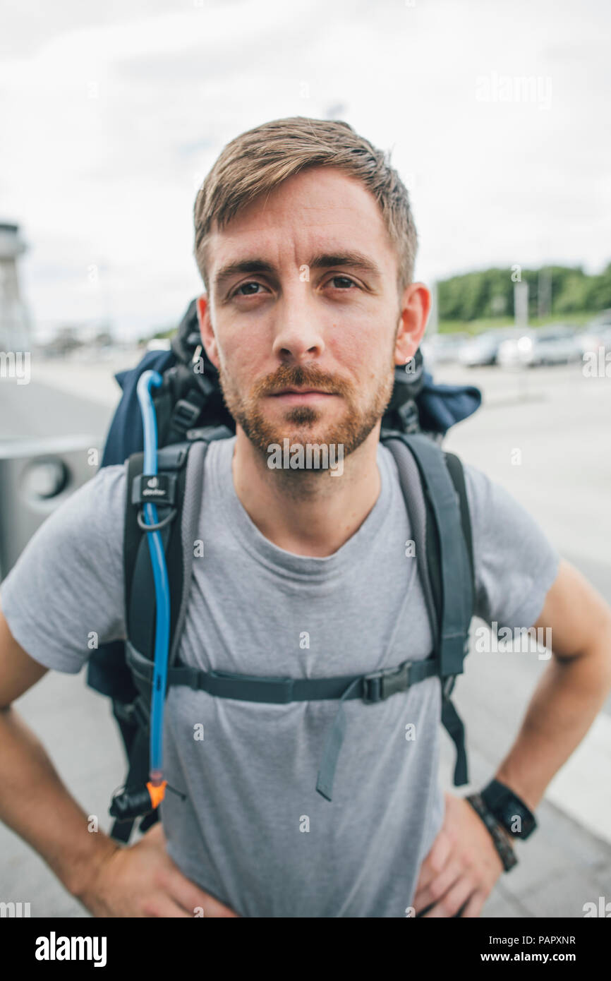 Portrait von Backpacker, reisen die Lofoten Stockfoto