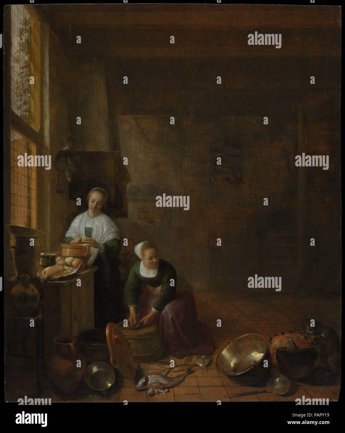 Eine Küche. Artist: Hendrick Sorgh (Niederländisch, Rotterdam Rotterdam 1609/11-1670). Abmessungen: 20 1/2 x 17 3/8 in. (52,1 x 44,1 cm). Datum: Ca. 1643. Sorgh war ein prominenter Maler in seiner Heimatstadt Rotterdam, für inländische Einrichtung bekannt, dass Elemente der noch leben und Genre Malerei kombinieren. Hier, zwei Küche Zimmermädchen bereiten Sie eine Mahlzeit, ihre gewissenhafte Tätigkeit mit dem verliebten Paar nur zwischen ihnen sichtbar. Auf der rechten Seite, eine Katze blickt in einer Wanne mit Fisch, einen weiteren Hinweis der Unfug um die Szene. Zeitgenössische Zuschauer würden solche Elemente wie die Voliere, gezupften Geflügel, und ea gefunden haben Stockfoto Eine Küche. Artist: Hendrick Sorgh (Niederländisch, Rotterdam Rotterdam 1609/11-1670). Abmessungen: 20 1/2 x 17 3/8 in. (52,1 x 44,1 cm). Datum: Ca. 1643. Sorgh war ein prominenter Maler in seiner Heimatstadt Rotterdam, für inländische Einrichtung bekannt, dass Elemente der noch leben und Genre Malerei kombinieren. Hier, zwei Küche Zimmermädchen bereiten Sie eine Mahlzeit, ihre gewissenhafte Tätigkeit mit dem verliebten Paar nur zwischen ihnen sichtbar. Auf der rechten Seite, eine Katze blickt in einer Wanne mit Fisch, einen weiteren Hinweis der Unfug um die Szene. Zeitgenössische Zuschauer würden solche Elemente wie die Voliere, gezupften Geflügel, und ea gefunden haben Stockfoto