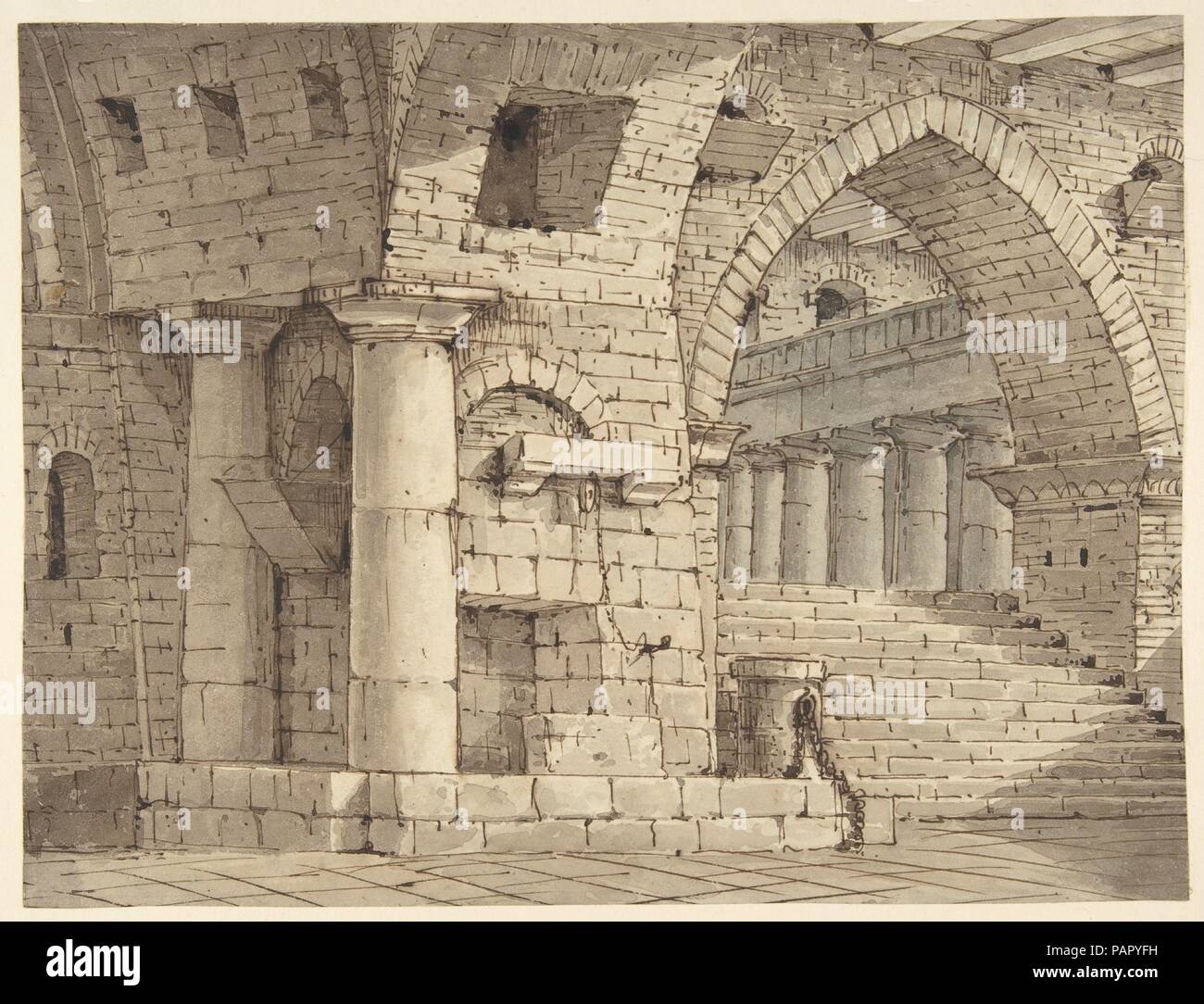 Design für ein Bühnenbild, das Innere der Festung oder Dungeon. Artist: Pietro di Gottardo Gonzaga (Italienisch, Belluno 1751-1831 St. Petersburg). Maße: Blatt: 7 1/16 x 9 5/16 in. (18 x 23,6 cm). Datum: 1751-1831. Museum: Metropolitan Museum of Art, New York, USA. Stockfoto