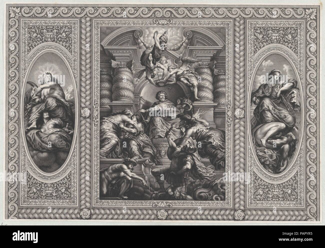 James ich Charles zur Ernennung als König von Schottland in der Mitte, Minerva spearing Unwissenheit auf der rechten Seite, und Hercules schlagen Neid auf der linken Seite. Artist: Nach Peter Paul Rubens (Flämische, Siegen 1577-1640 Antwerpen); Simon Gribelin II (Paris 1661-1733, Aktiv, London). Abmessungen: Blatt (getrimmte): 12 1/2 x 18 1/4 in. (31,8 × 46,3 cm). Sitter: James I., König von England, Schottland und Irland (Edinburgh 1566-1625 Theobalds); Karl I., König von England, Schottland, Wales und Irland (Britisch, Dunfermline, Schottland 1600-1649 London). Datum: 1720. Nach dem Deckengemälde im Festsaal House, Whitehall, London. Mu Stockfoto