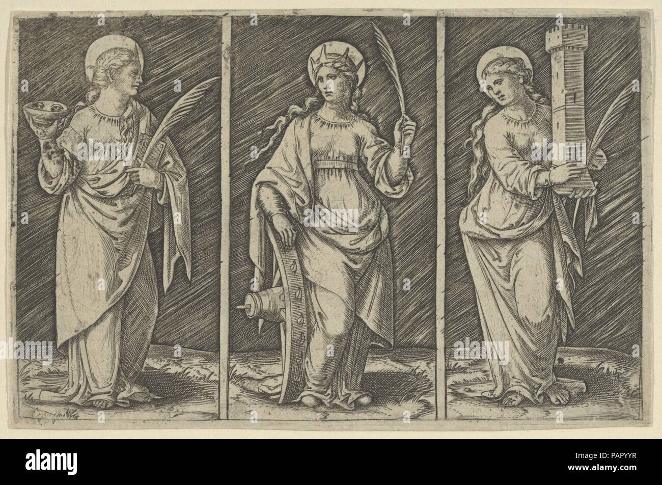 Der hl. Barbara (links), die hl. Katharina, (Mitte), Saint Lucy (rechts). Artist: Marcantonio Raimondi (Italienisch, Argini (?) Ca. 1480 - vor 1534 Bologna (?)). Abmessungen: 3 1/16 x 4 5/8 in. (7,7 x 11,8 cm). Datum: Ca. 1500-1527. Museum: Metropolitan Museum of Art, New York, USA. Stockfoto