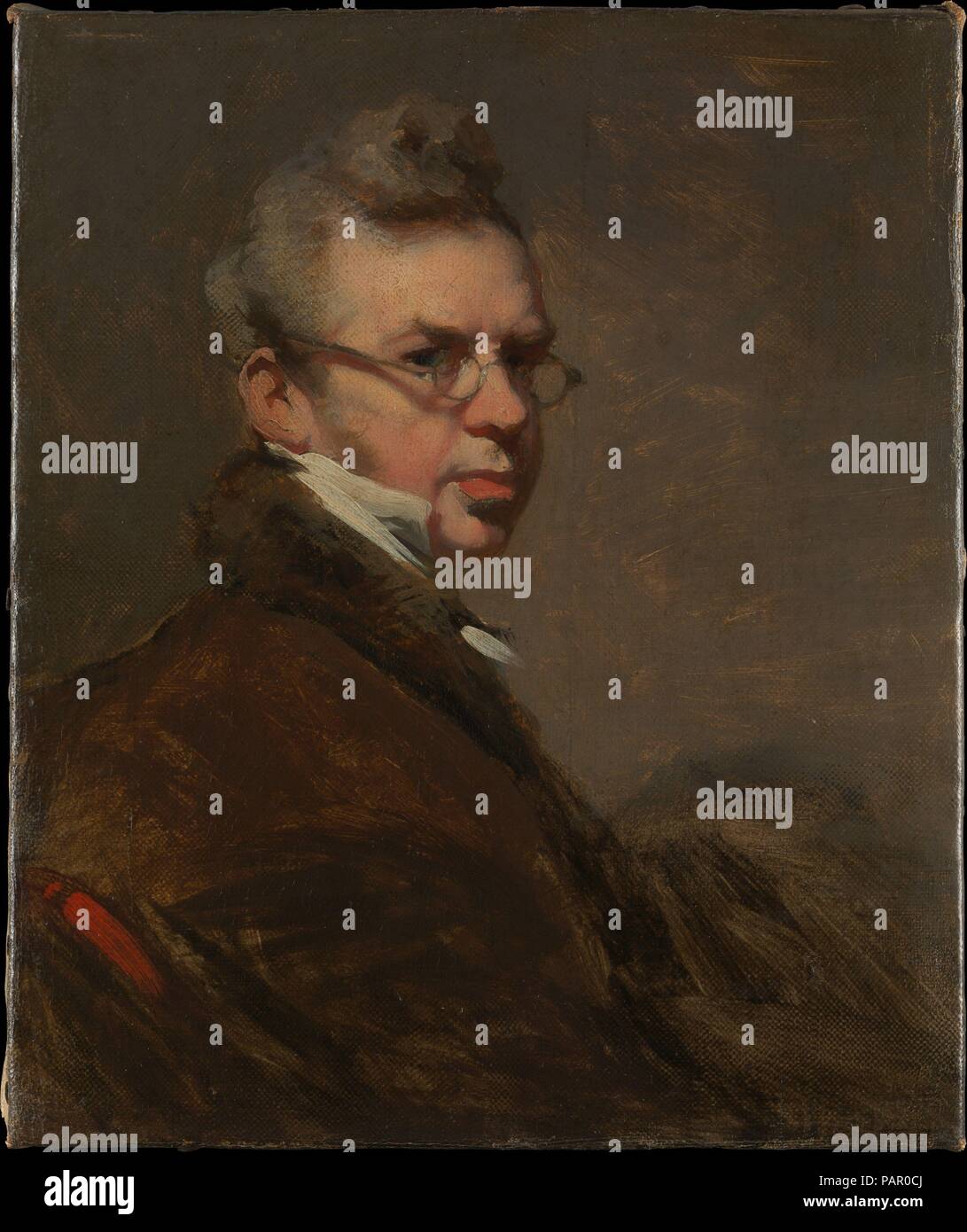 Selbstbildnis. Artist: George Chinnery (Briten, London 1774-1852 Macau). Abmessungen: 8 5/8 x 7 1/4 in. (21,9 x 18,4 cm). Datum: 1825-28. Chinnery malte mehr als ein Dutzend Selbstbildnisse, von denen die erste, die er ausgestellt an der Royal Academy, London, 1798; dies ist die intimste und Engagement von allen. Eine rätselhafte Figur, Chinnery war exzentrisch und flüchtigen, mit einer Tendenz zu Hypochondrie, einem Erzähler und Witz mit einem Geschenk für die Freundschaft. Diese Ähnlichkeit wurde in China lackiert und muss Datum auf die Jahre 1825-28. Sein erster Besitzer war der Vereinigten Staaten Konsul Benjamin kauen Wilcox, ein businessm Stockfoto