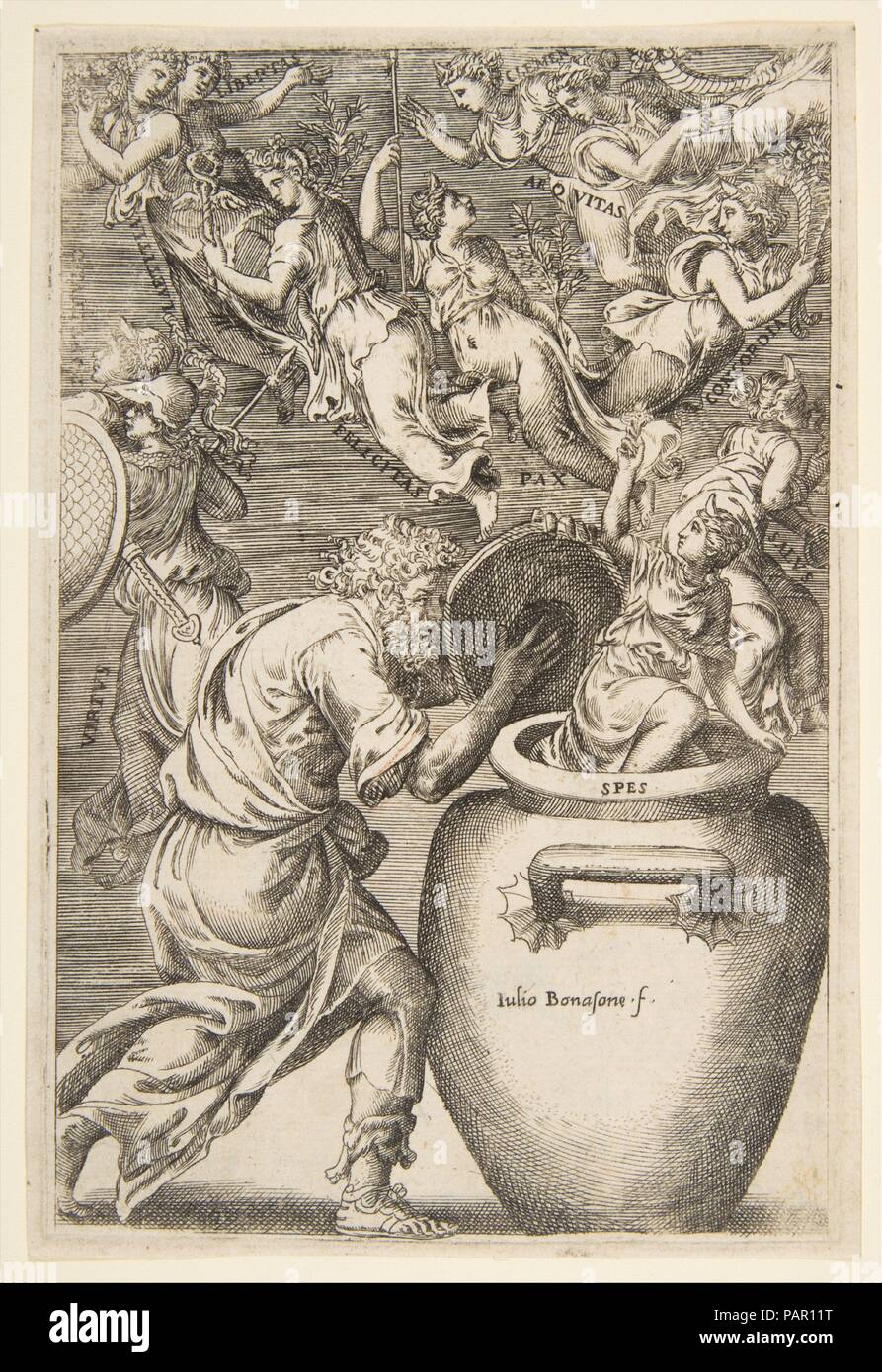 Epimetheus Öffnen der Büchse der Pandora. Artist: Giulio Bonasone (Italienisch, Aktiv, Rom und Bologna, 1531 - nach 1576). Abmessungen: Platte: 6 9/16 x 4 5/16 in. (16,7 × 11 cm) Blatt: 6 3/4 x 4 9/16 in. (17,2 × 11,6 cm). Erschienen in: Vorsehung. Datum: 1531-76. Museum: Metropolitan Museum of Art, New York, USA. Stockfoto