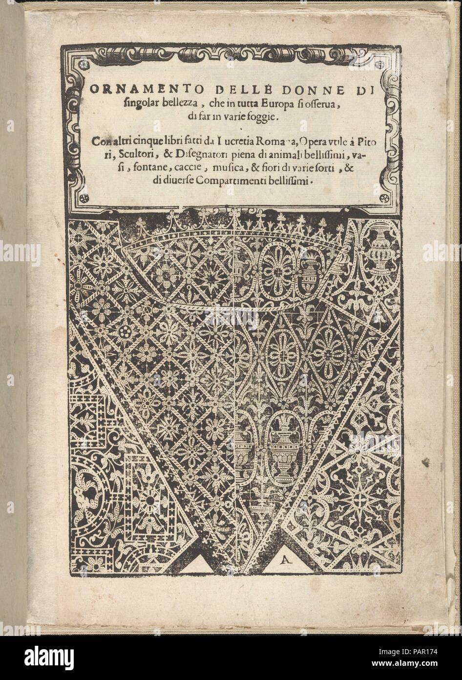 Ornamento Nobile... Fatta da Lucretia Romana (Libro V des Corona), Seite 2 (Vorderseite). Autor: Cesare Vecellio (Italienisch, Pieve di Cadore 1521-1601 Venedig). Abmessungen: Insgesamt: 12 3/16 x 8 1/4 in. (31 x 21 cm). Herausgeber: Alessandro De' Vecchi (Italienisch, aktive Venedig, 1570-1629). Datum: 1620. Von Cesare Vecellio, Italienisch, Pieve di Cadore 1521-1601 Venedig, veröffentlicht von Alessandro De' Vecchi geschrieben. Von oben nach unten und von links nach rechts: der Text ist auf ein weißes Rechteck mit einem architektonischen Rahmen gedruckt. Im folgenden Text wird das Design, das aus 4 senkrechten Abschnitte, die jeweils in der Form eines t Stockfoto