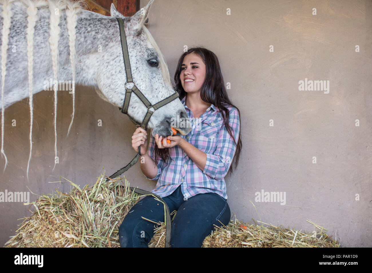 Lächelnde Frau Fütterung ein Pferd auf einem Bauernhof Stockfoto